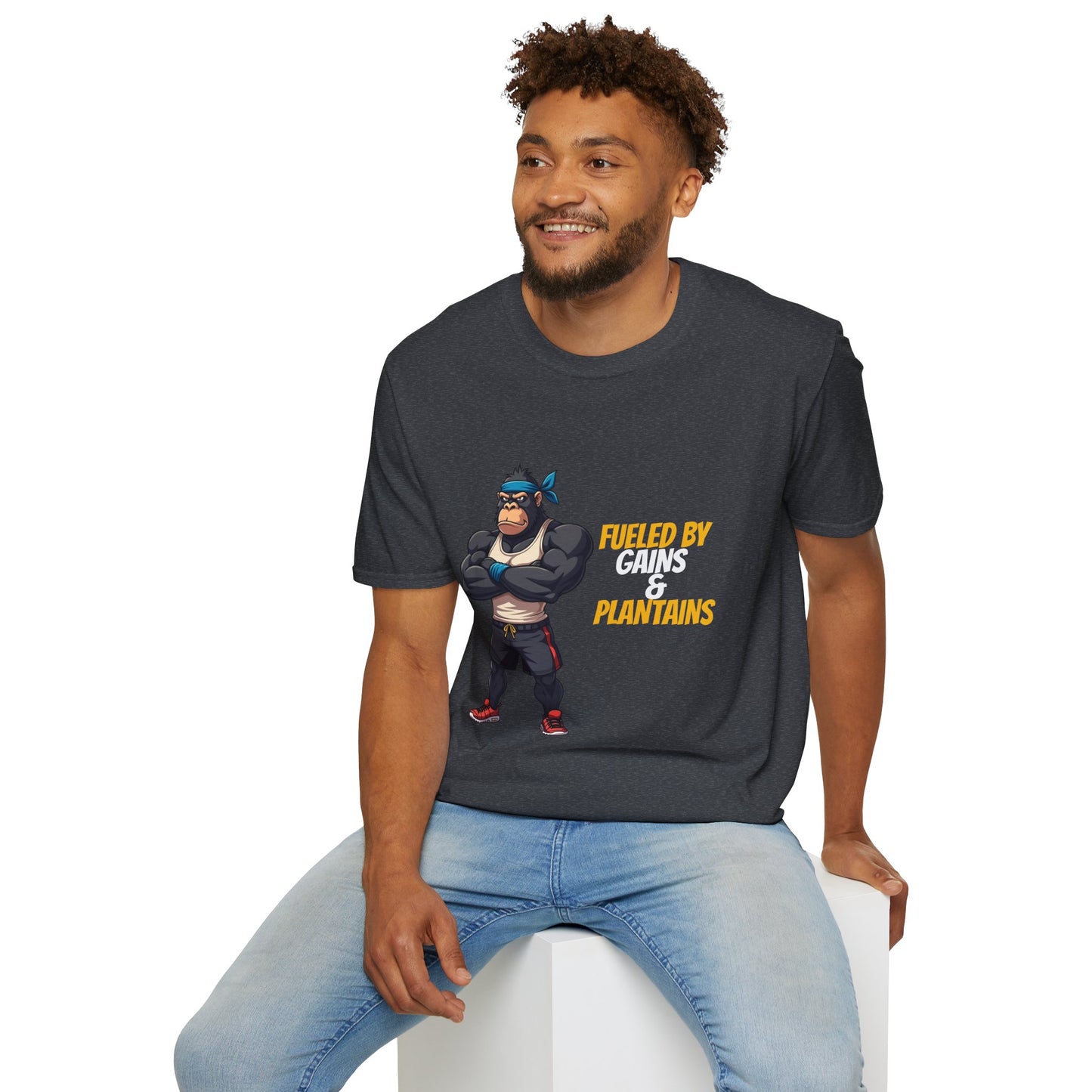 Fueled by Gains & Plantains β Funny Gym Gorilla T-Shirt