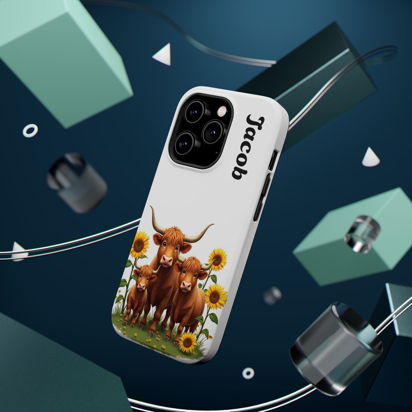 Personalized White Highland Cow Phone Case - Custom Name Farm Animal Gift | Cute Sunflower Cases for Women & Girls