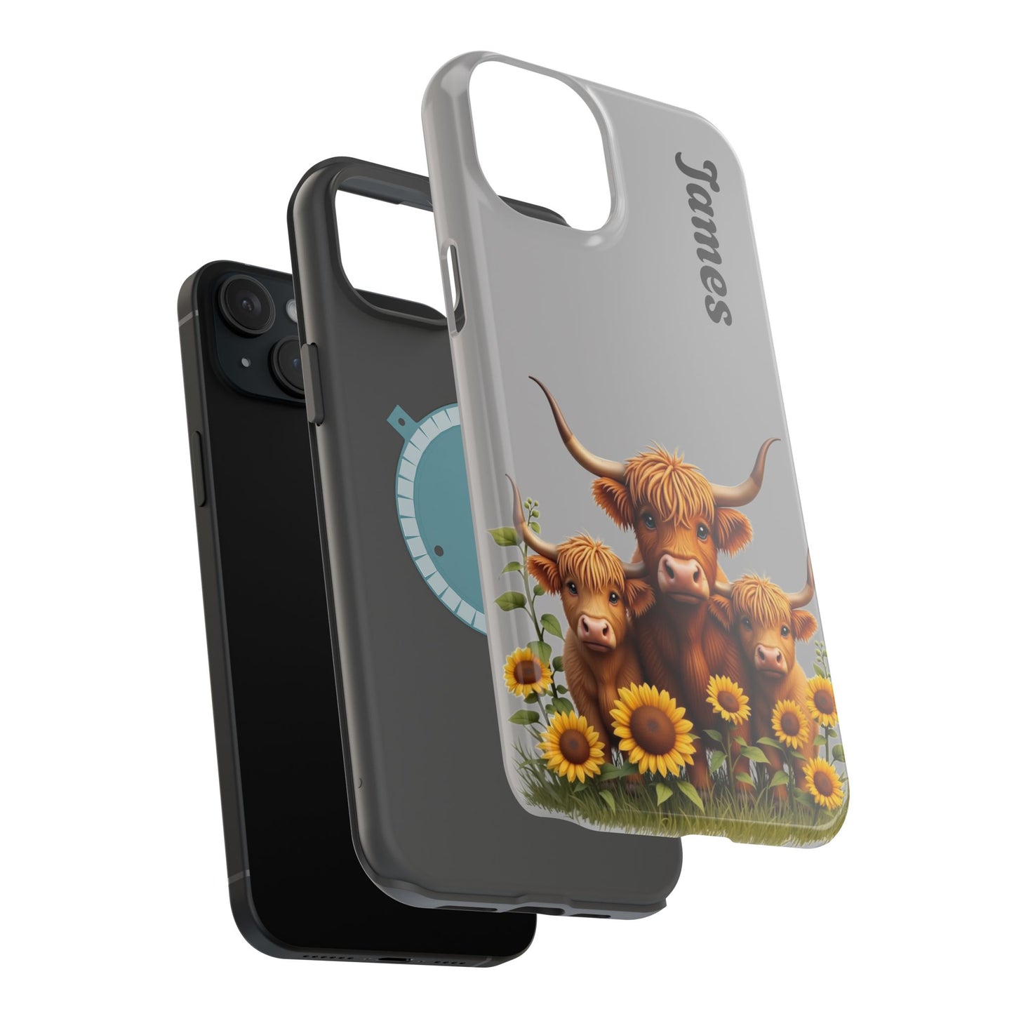 Personalized Gray Highland Cow Phone Case - Custom Name Farm Animal Gift | Cute Gray iPhone Cases for Women & Girls