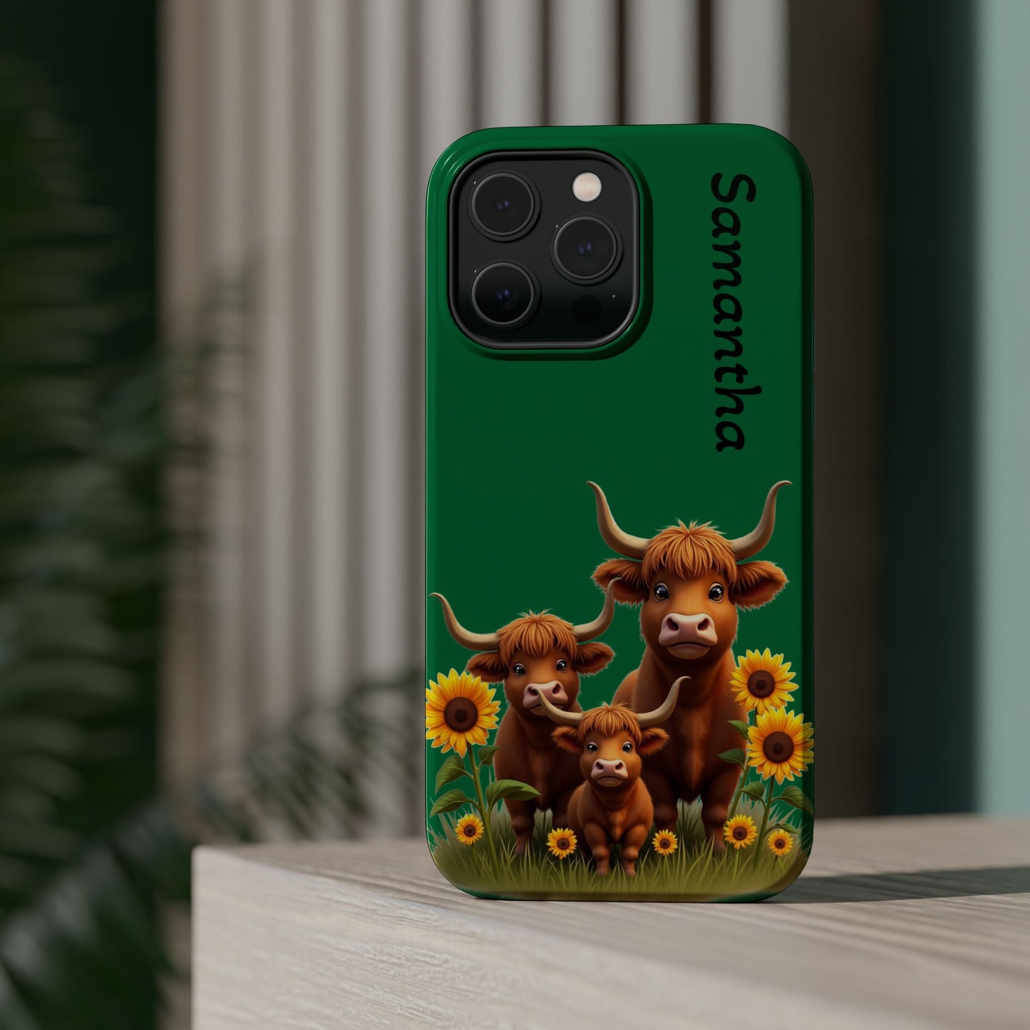 Personalized Highland Cow Phone Case - Custom Name Farm Animal Gift | Cute Green iPhone Cases for Women & Girls