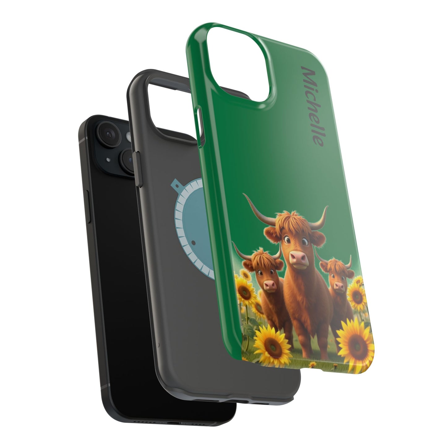 Personalized Highland Cow Phone Case - Custom Name Farm Animal Gift | Cute Green iPhone Cases for Women & Girls