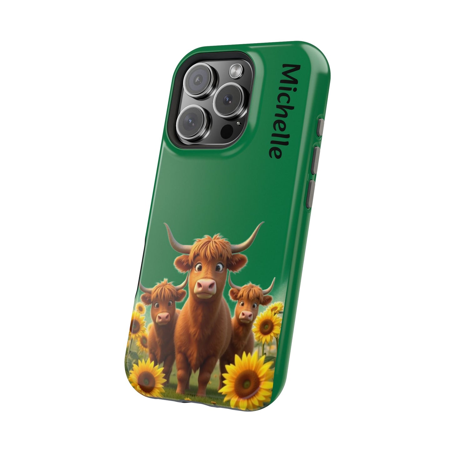 Personalized Highland Cow Phone Case - Custom Name Farm Animal Gift | Cute Green iPhone Cases for Women & Girls