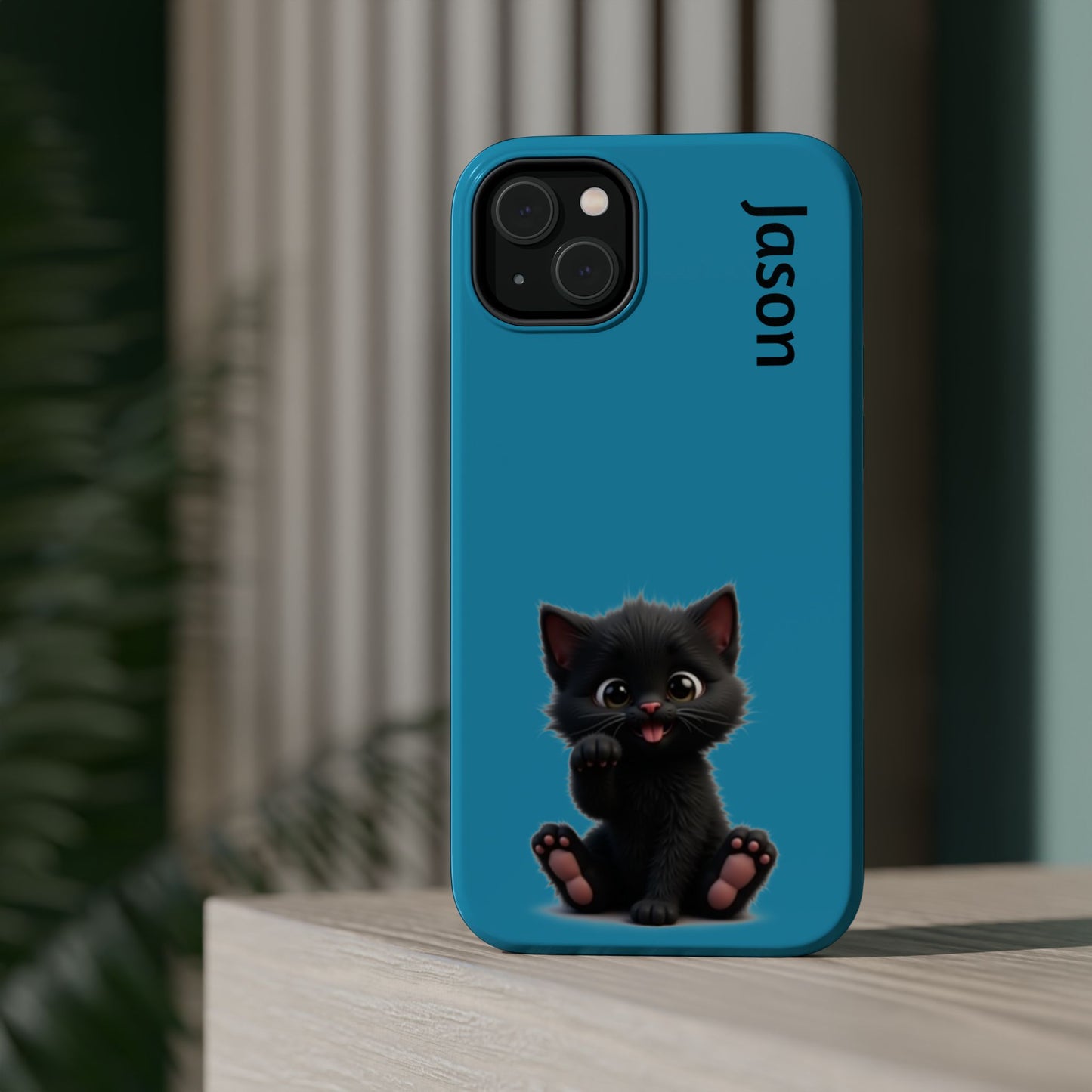 Personalized Black Kitten Phone Case - Custom Name Cat Lover Gift | Cute Teal Blue iPhone Cases for Women & Girls