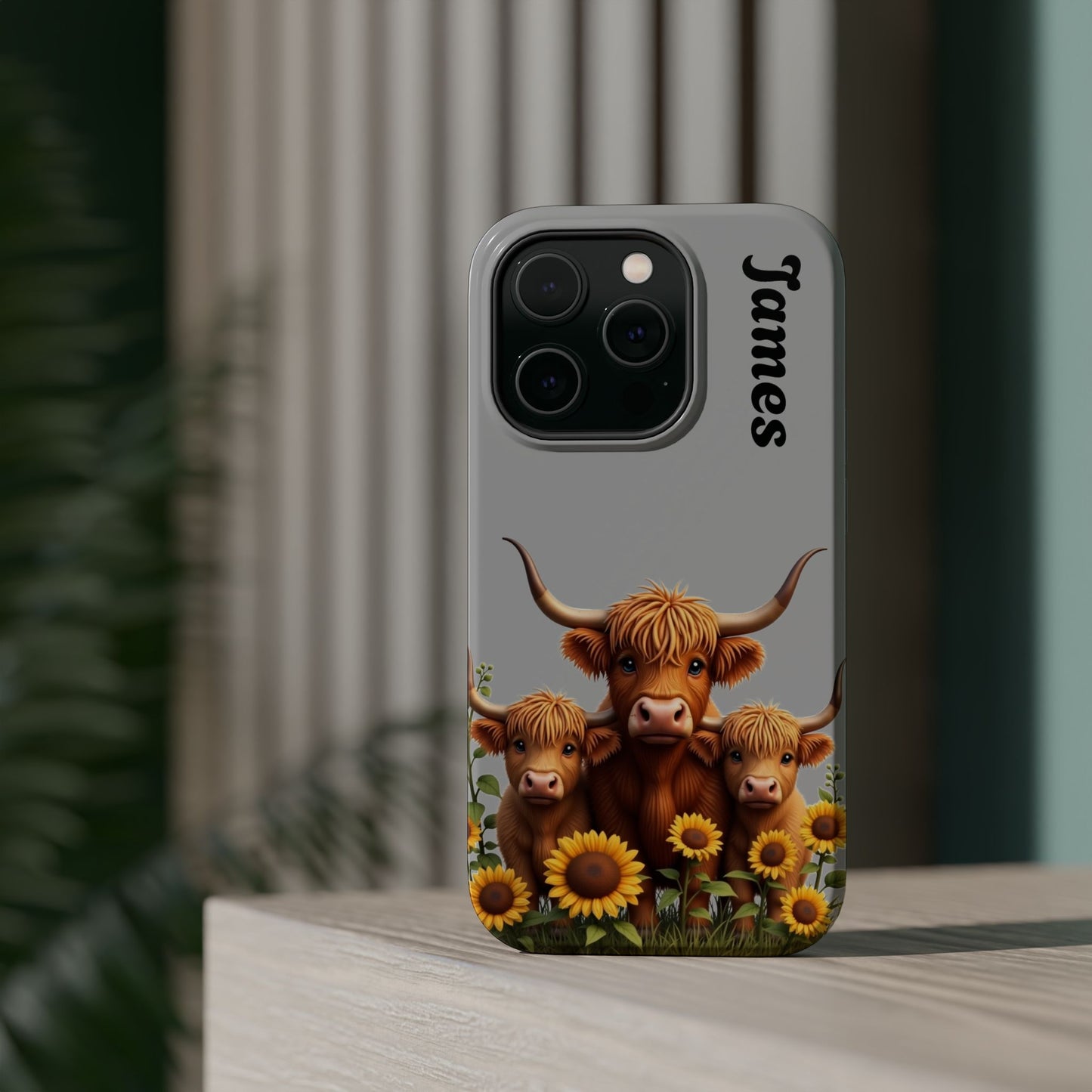 Personalized Gray Highland Cow Phone Case - Custom Name Farm Animal Gift | Cute Gray iPhone Cases for Women & Girls