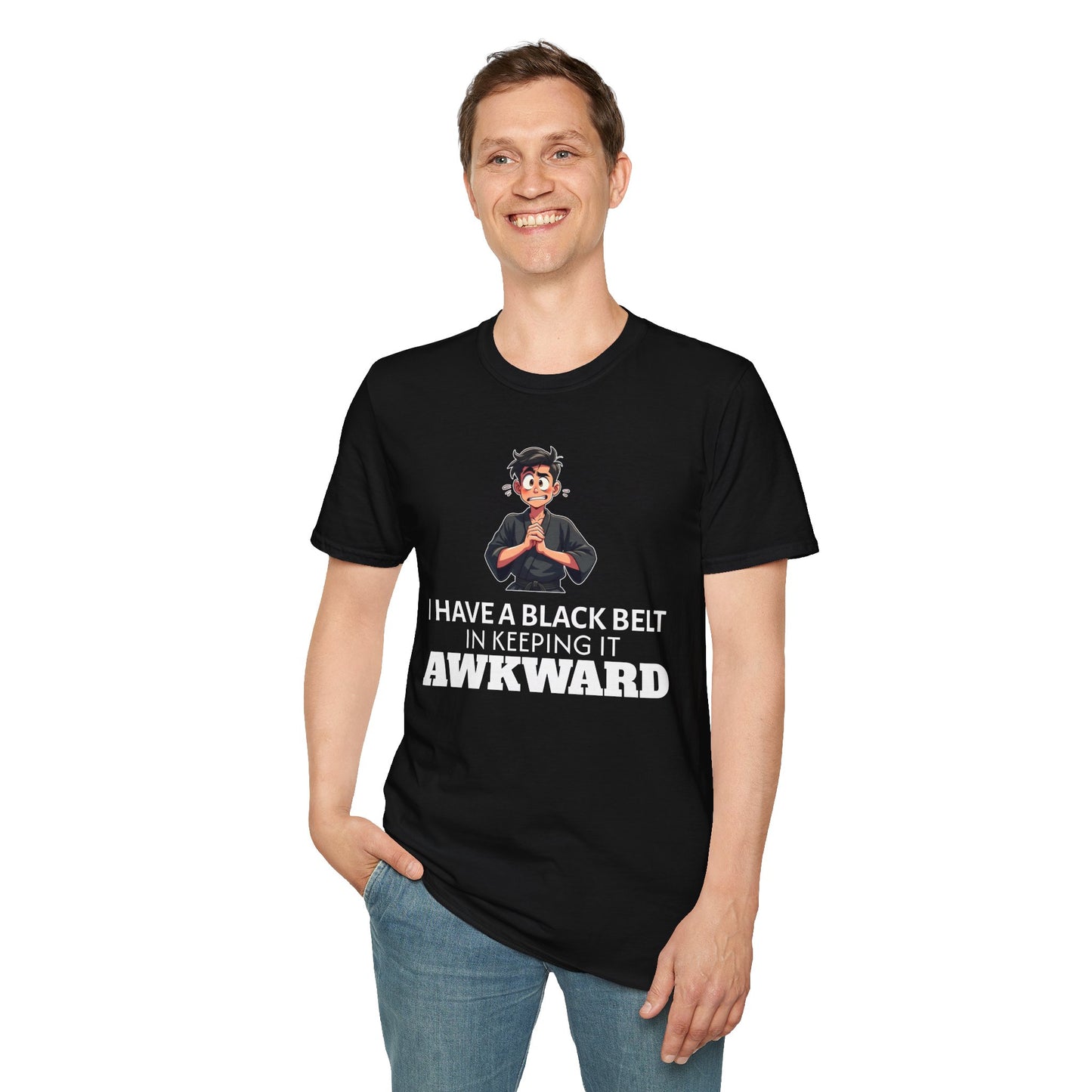 Funny Black Belt in Keeping It Awkward T-Shirt β Sarcastic Karate Kid Cartoon Tee, Ironic Humor Gift for Socially Clumsy & Relatable Souls