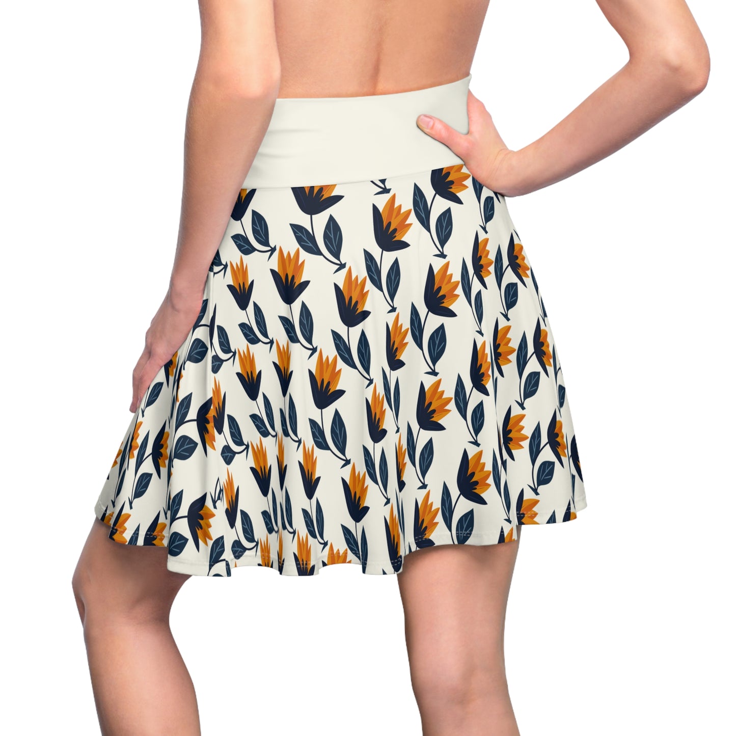 Golden Tulips Skater Skirt - Elegant Florals in Navy & Amber