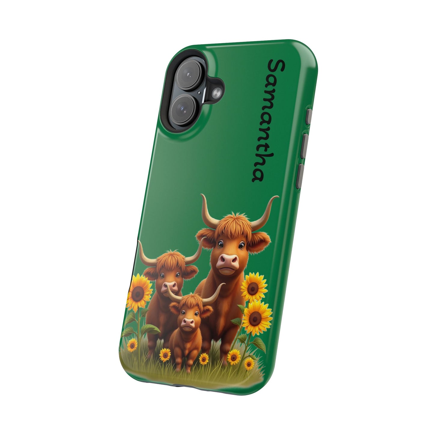 Personalized Highland Cow Phone Case - Custom Name Farm Animal Gift | Cute Green iPhone Cases for Women & Girls