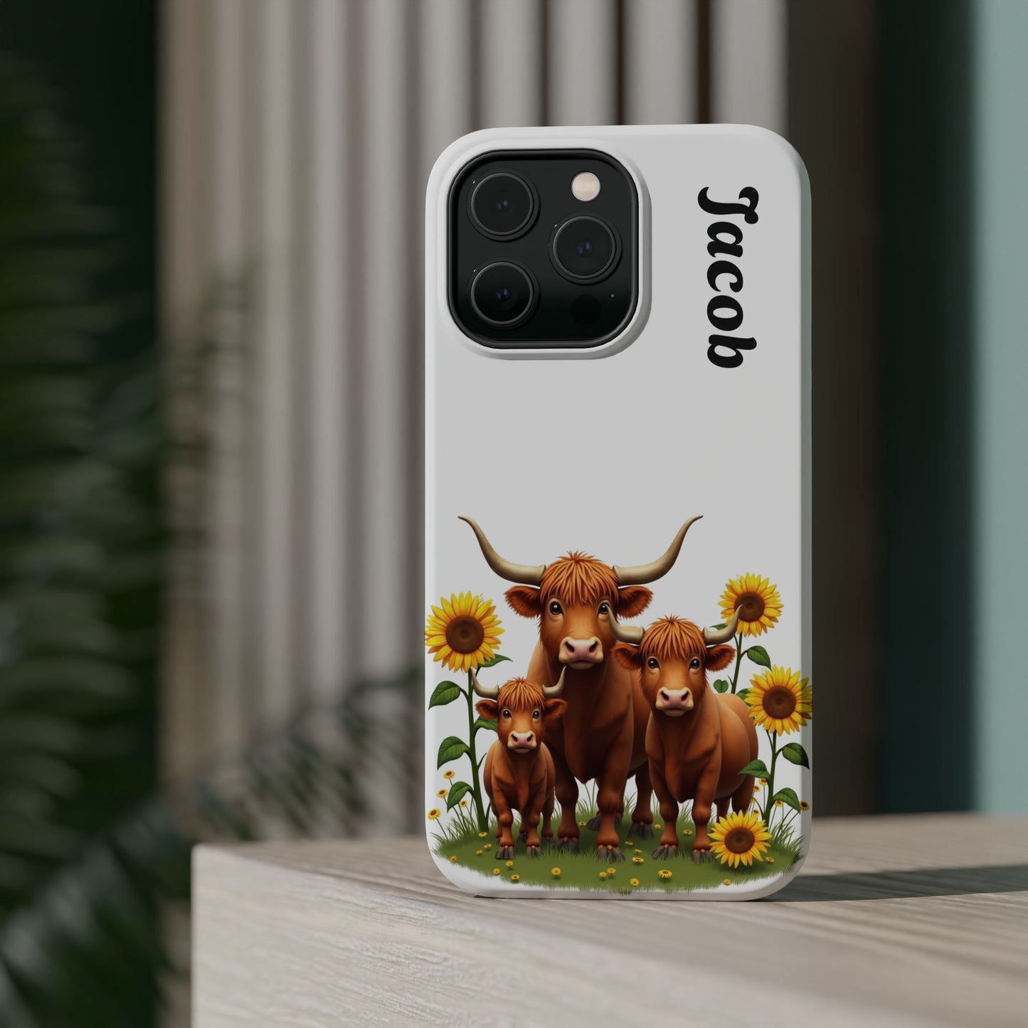 Personalized White Highland Cow Phone Case - Custom Name Farm Animal Gift | Cute Sunflower Cases for Women & Girls