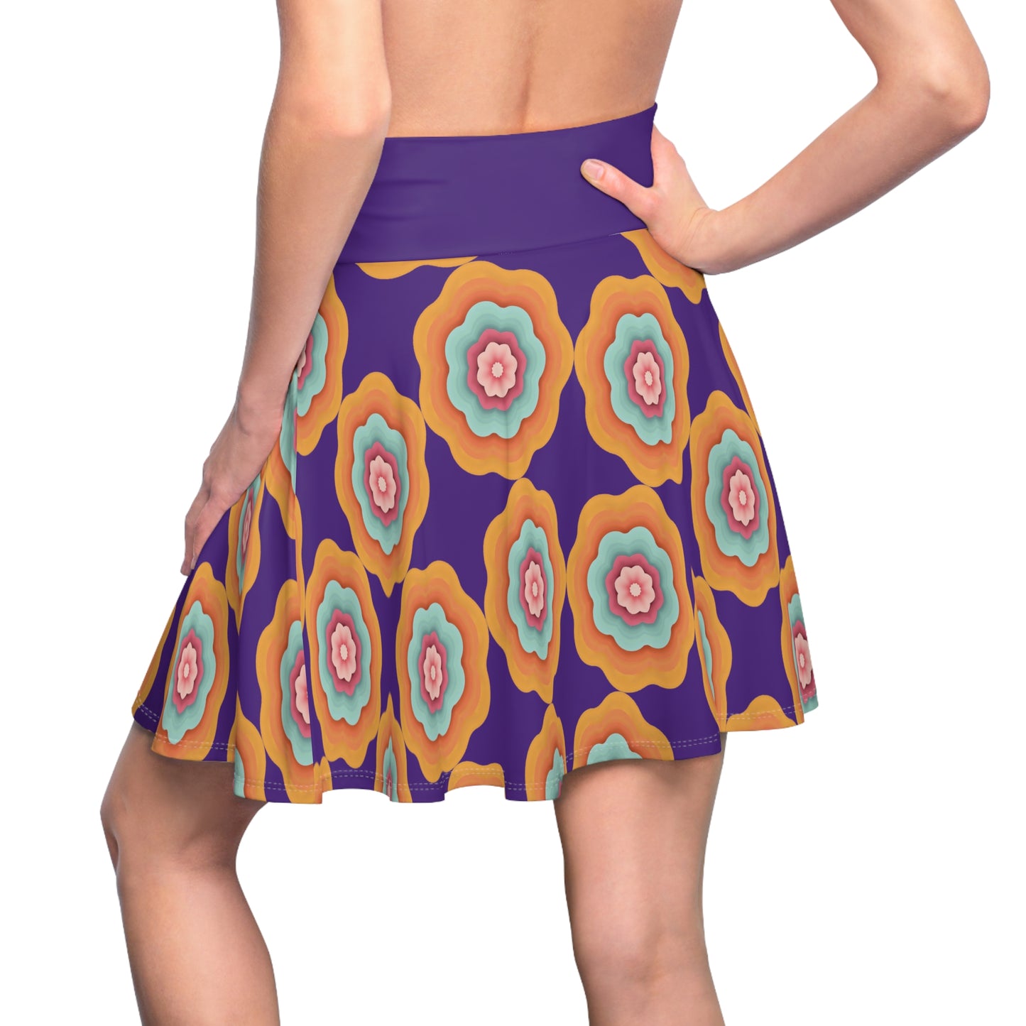 Vivid Blossom Skater Skirt - Vibrant Florals on Royal Purple