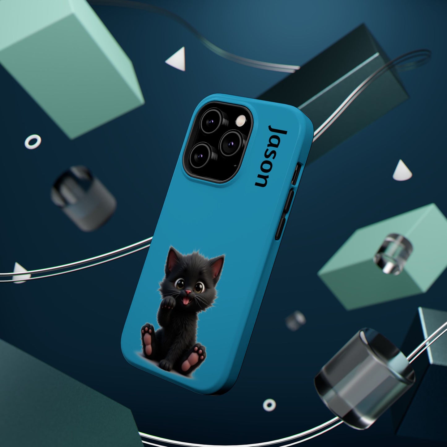Personalized Black Kitten Phone Case - Custom Name Cat Lover Gift | Cute Teal Blue iPhone Cases for Women & Girls