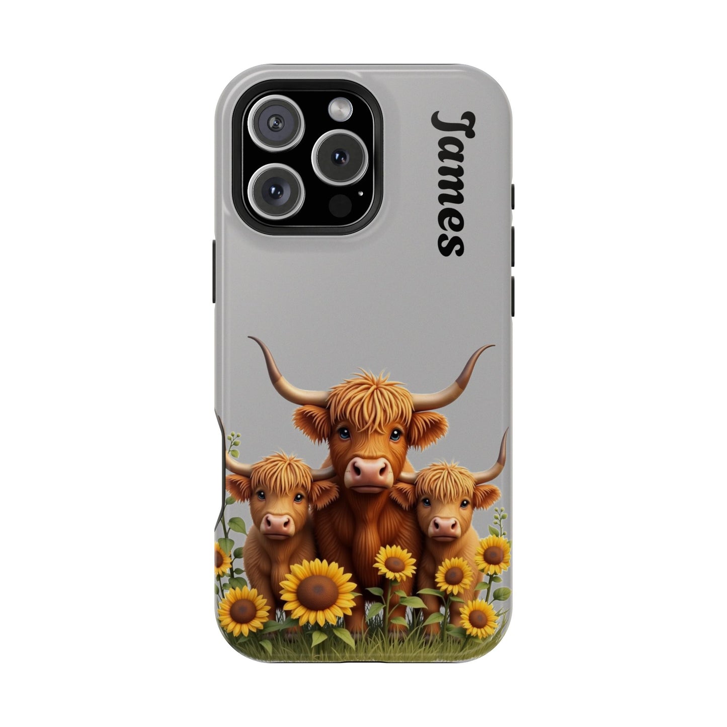Personalized Gray Highland Cow Phone Case - Custom Name Farm Animal Gift | Cute Gray iPhone Cases for Women & Girls