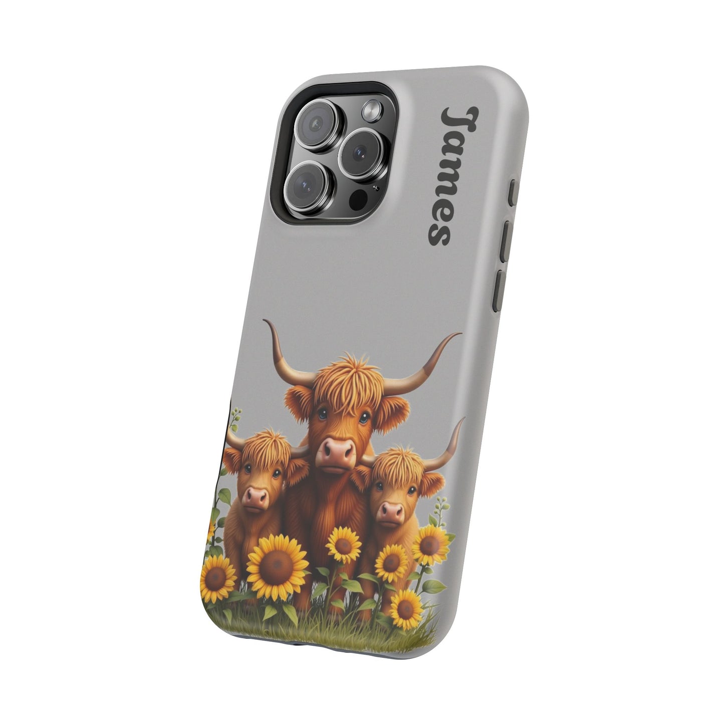 Personalized Gray Highland Cow Phone Case - Custom Name Farm Animal Gift | Cute Gray iPhone Cases for Women & Girls