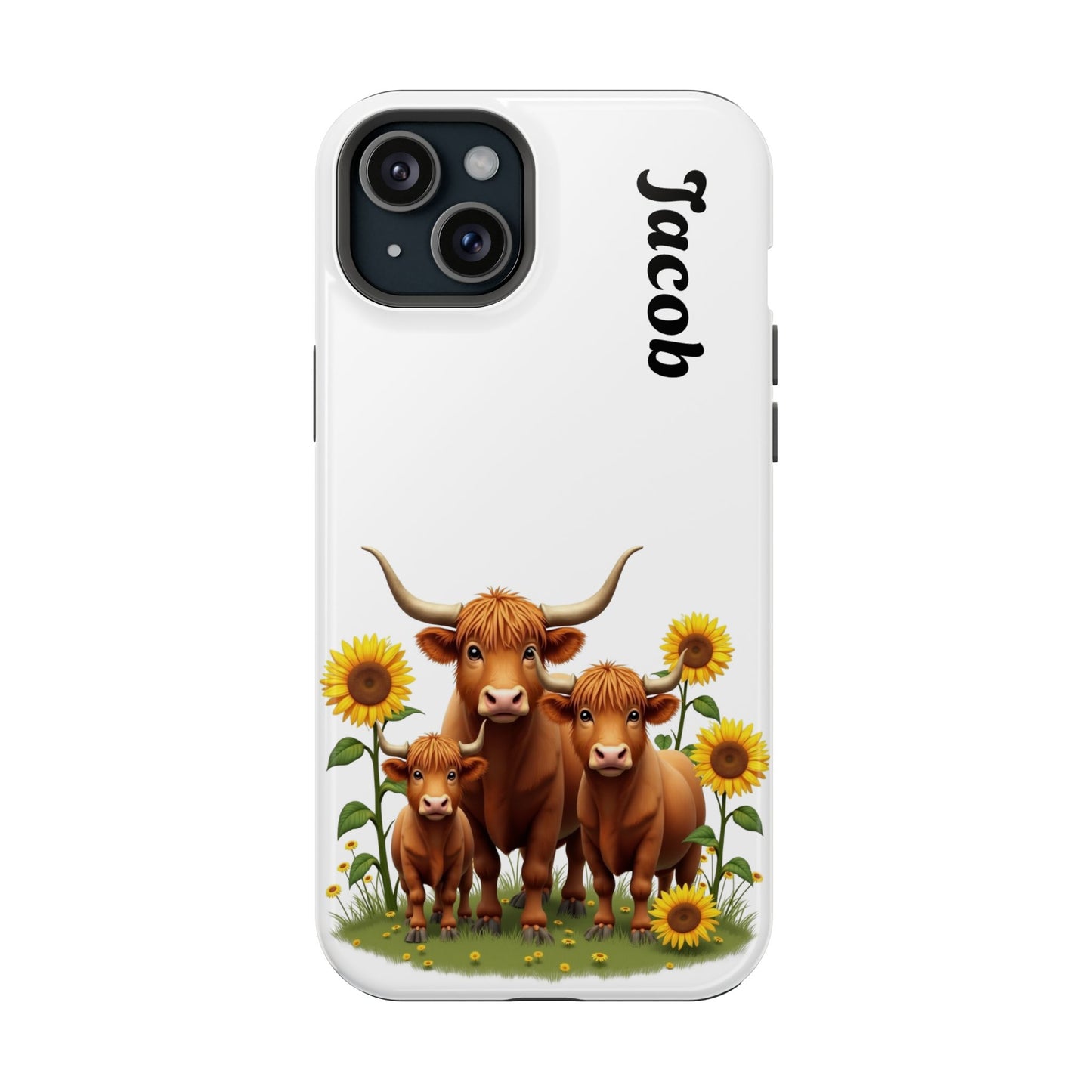 Personalized White Highland Cow Phone Case - Custom Name Farm Animal Gift | Cute Sunflower Cases for Women & Girls