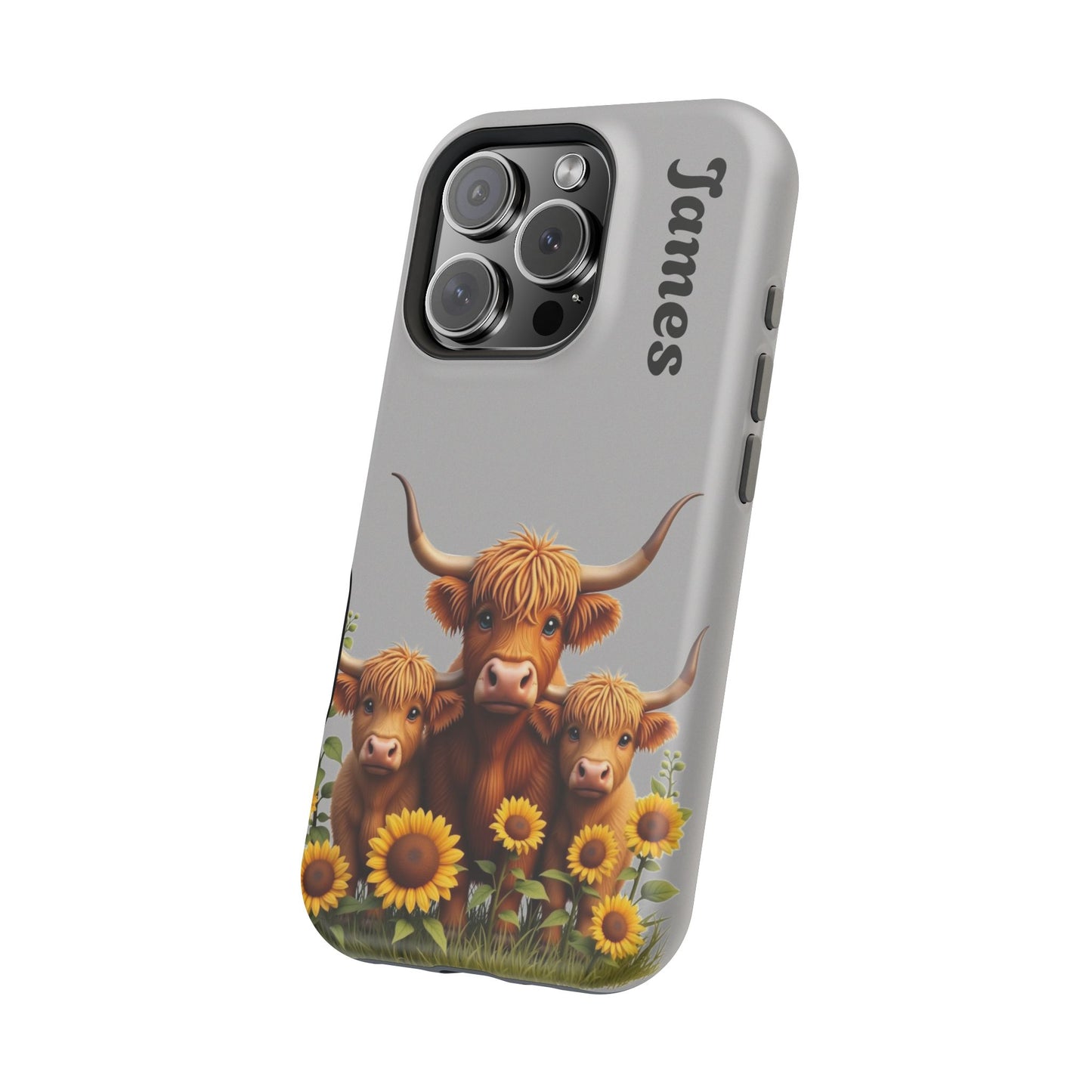 Personalized Gray Highland Cow Phone Case - Custom Name Farm Animal Gift | Cute Gray iPhone Cases for Women & Girls