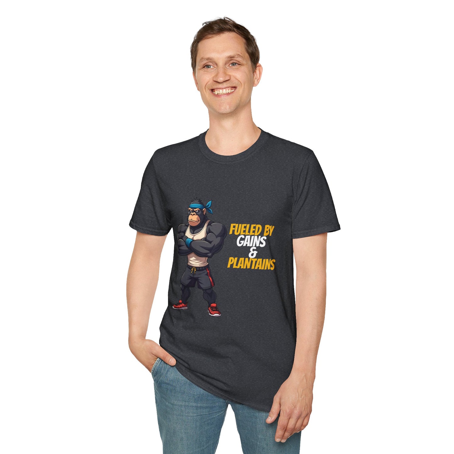 Fueled by Gains & Plantains β Funny Gym Gorilla T-Shirt