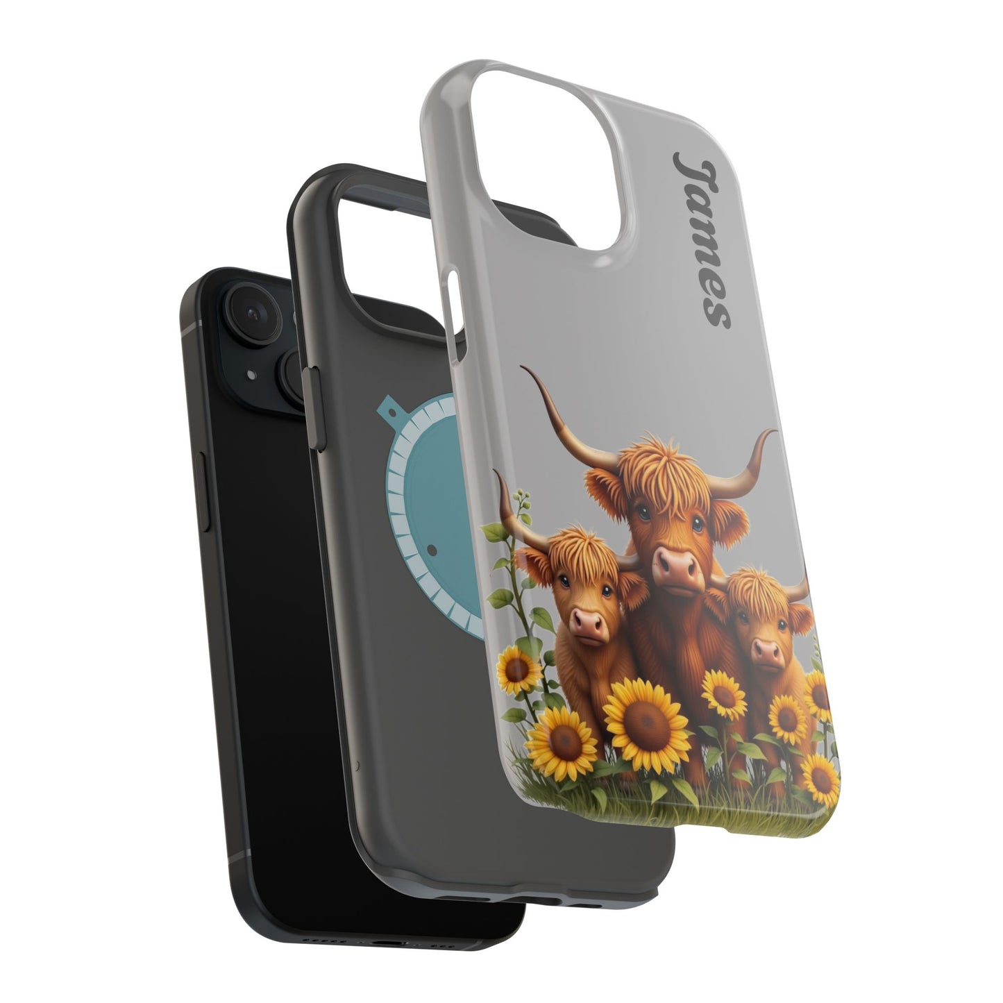 Personalized Gray Highland Cow Phone Case - Custom Name Farm Animal Gift | Cute Gray iPhone Cases for Women & Girls