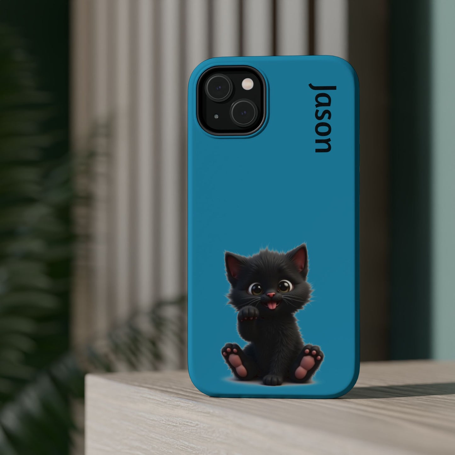 Personalized Black Kitten Phone Case - Custom Name Cat Lover Gift | Cute Teal Blue iPhone Cases for Women & Girls