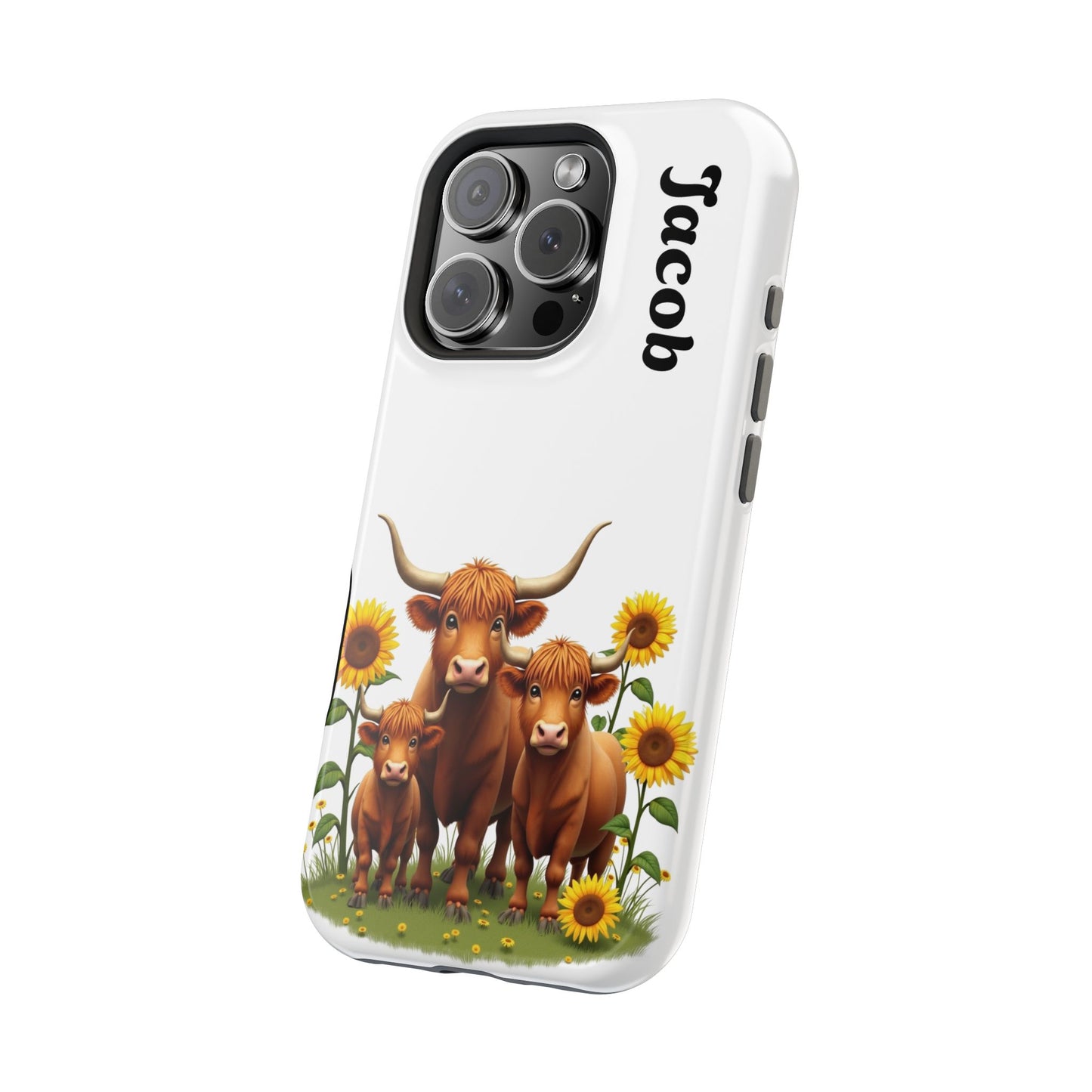 Personalized White Highland Cow Phone Case - Custom Name Farm Animal Gift | Cute Sunflower Cases for Women & Girls