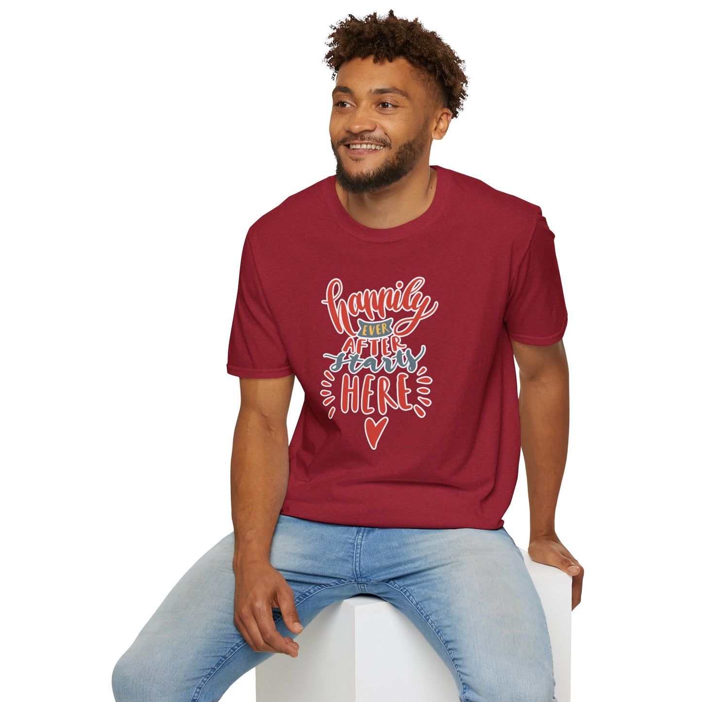"Happily Ever After Starts Here" Inspirational & Wholesome T-Shirt – Cute Motivational Graphic Tee for Dreamers, Romantics & New Beginnings