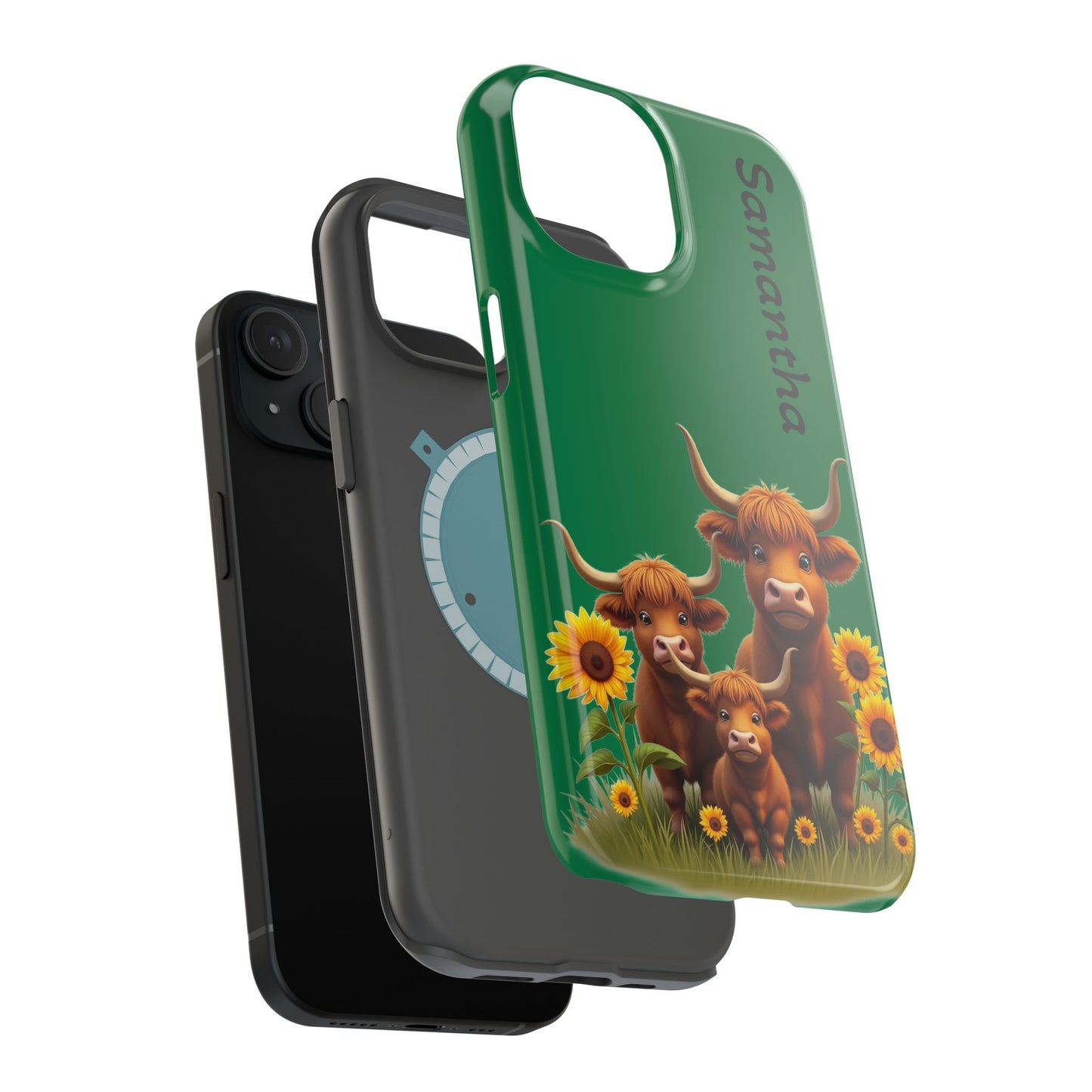 Personalized Highland Cow Phone Case - Custom Name Farm Animal Gift | Cute Green iPhone Cases for Women & Girls
