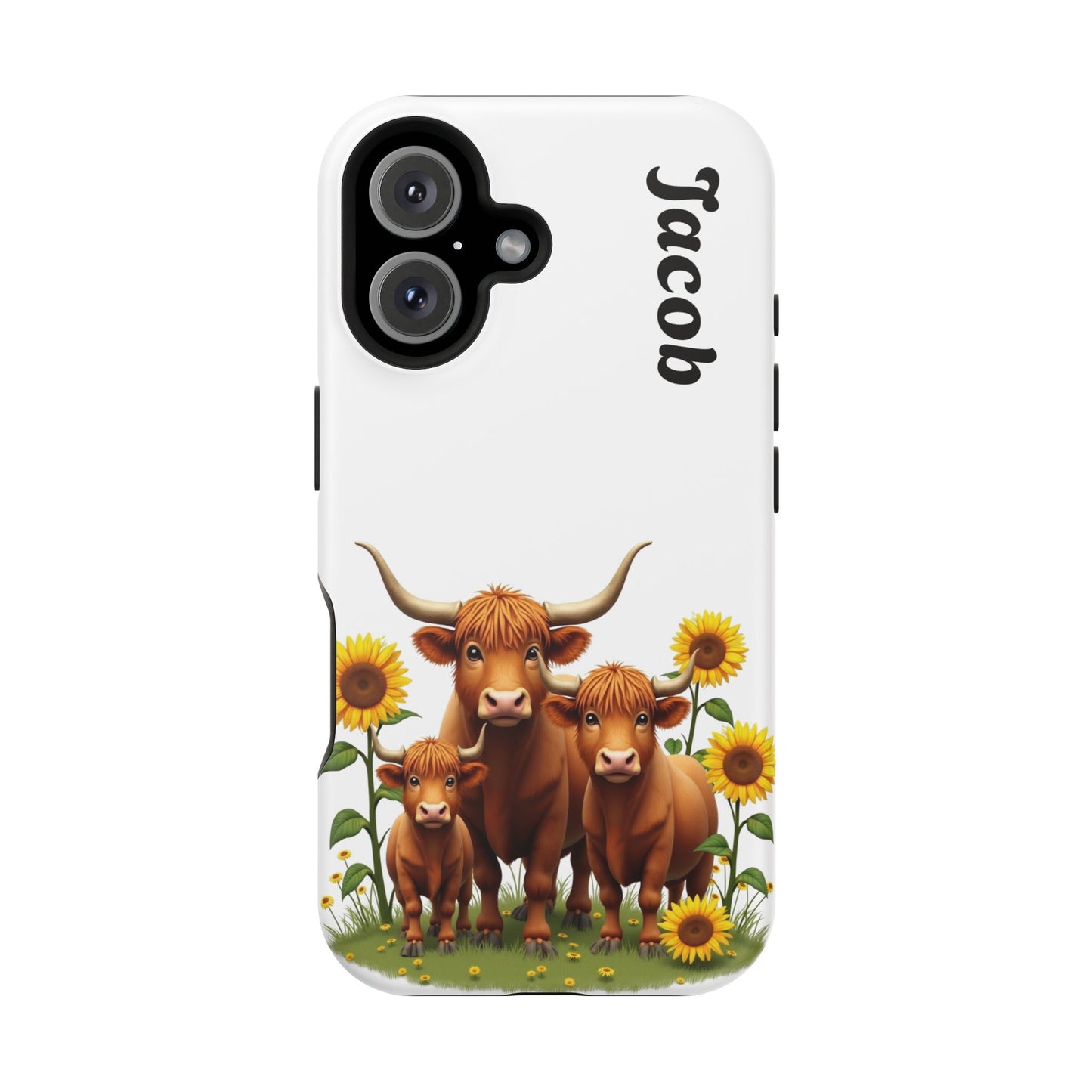 Personalized White Highland Cow Phone Case - Custom Name Farm Animal Gift | Cute Sunflower Cases for Women & Girls