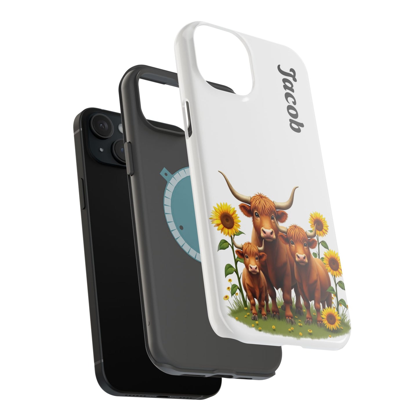 Personalized White Highland Cow Phone Case - Custom Name Farm Animal Gift | Cute Sunflower Cases for Women & Girls