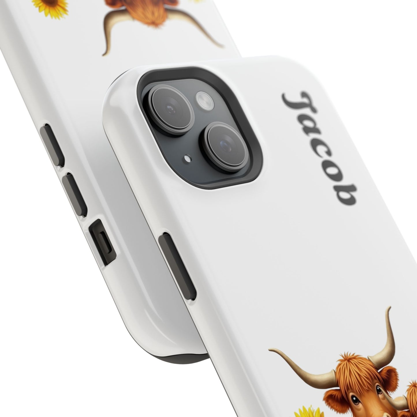 Personalized White Highland Cow Phone Case - Custom Name Farm Animal Gift | Cute Sunflower Cases for Women & Girls