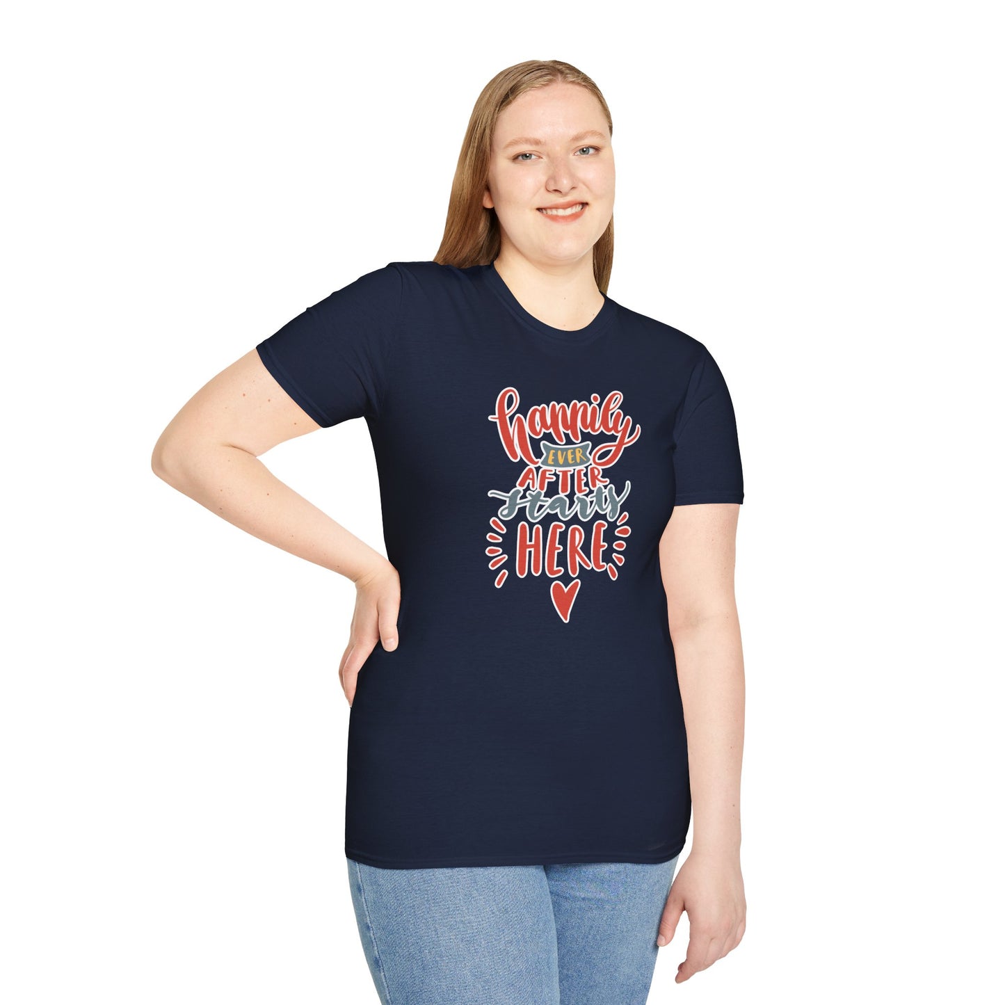"Happily Ever After Starts Here" Inspirational & Wholesome T-Shirt – Cute Motivational Graphic Tee for Dreamers, Romantics & New Beginnings