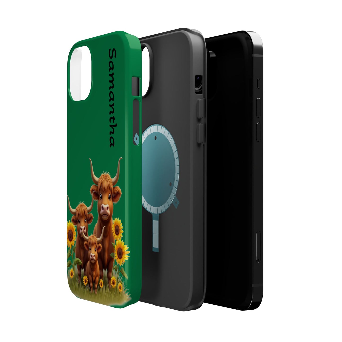 Personalized Highland Cow Phone Case - Custom Name Farm Animal Gift | Cute Green iPhone Cases for Women & Girls