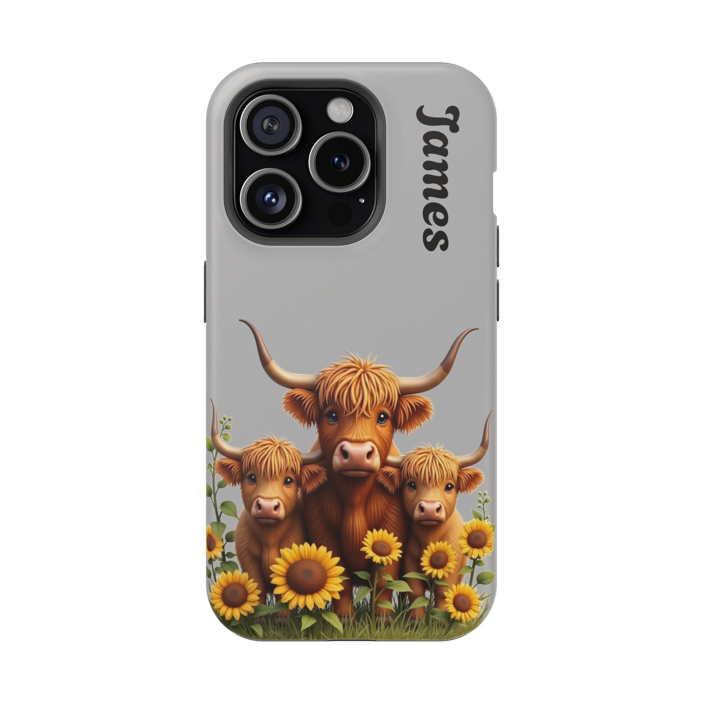Personalized Gray Highland Cow Phone Case - Custom Name Farm Animal Gift | Cute Gray iPhone Cases for Women & Girls