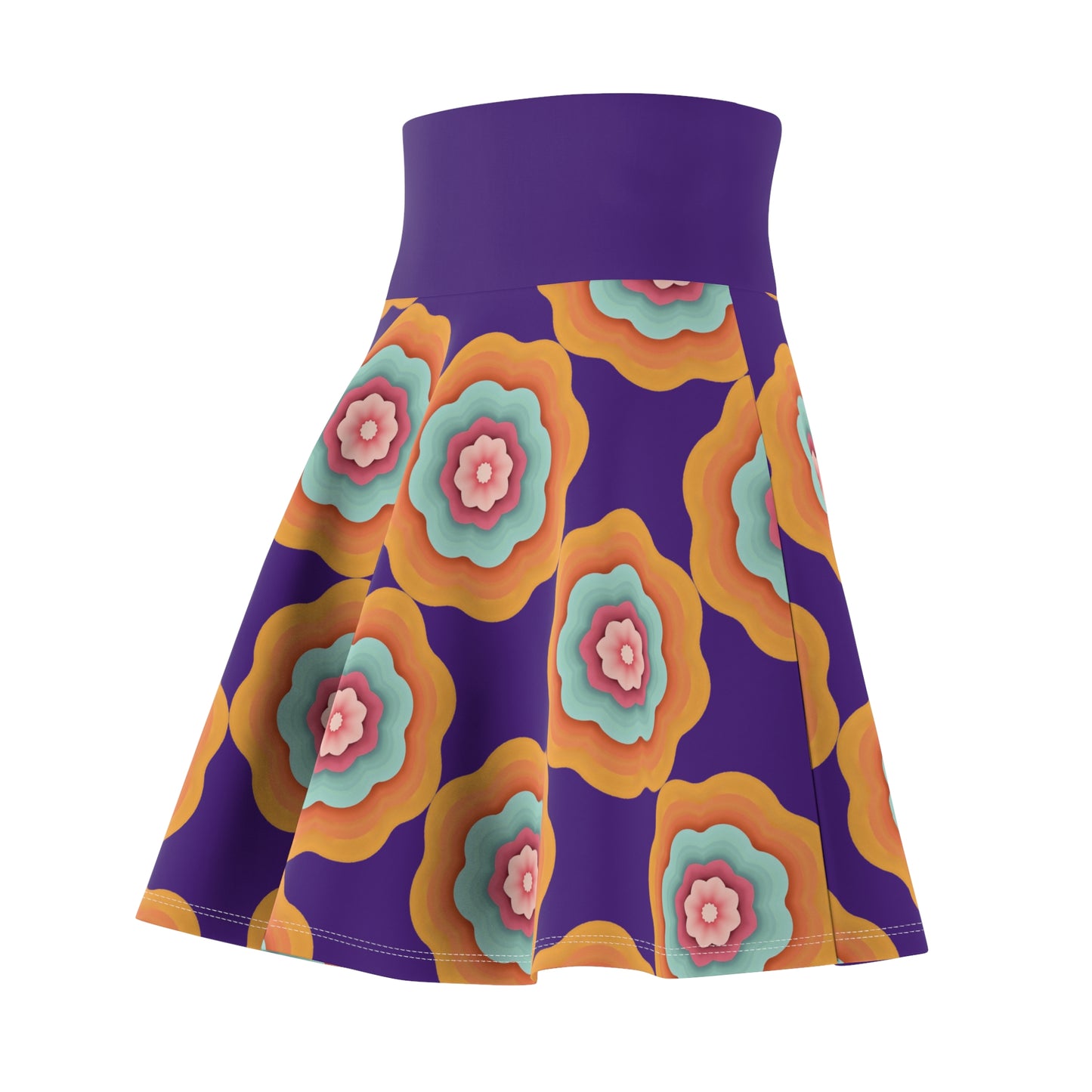 Vivid Blossom Skater Skirt - Vibrant Florals on Royal Purple