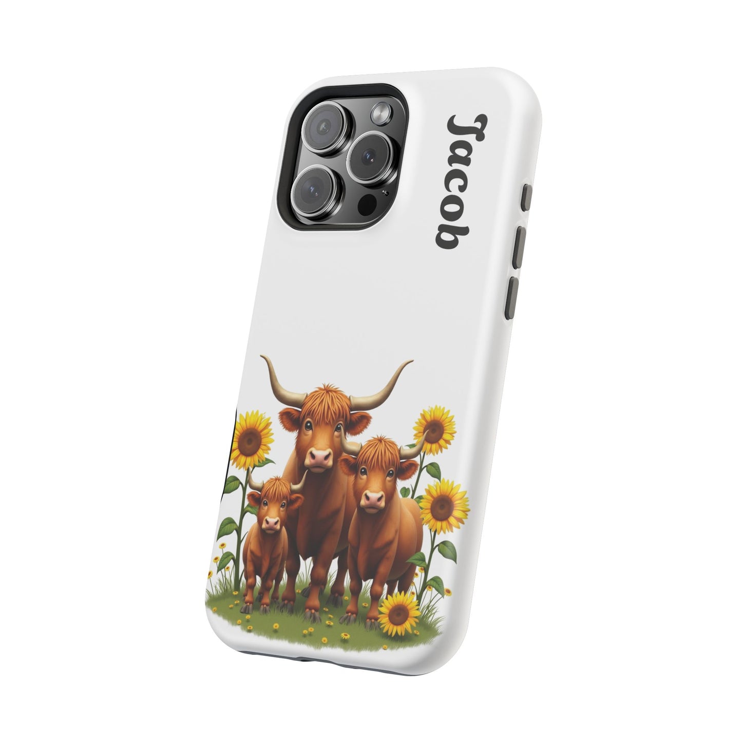 Personalized White Highland Cow Phone Case - Custom Name Farm Animal Gift | Cute Sunflower Cases for Women & Girls