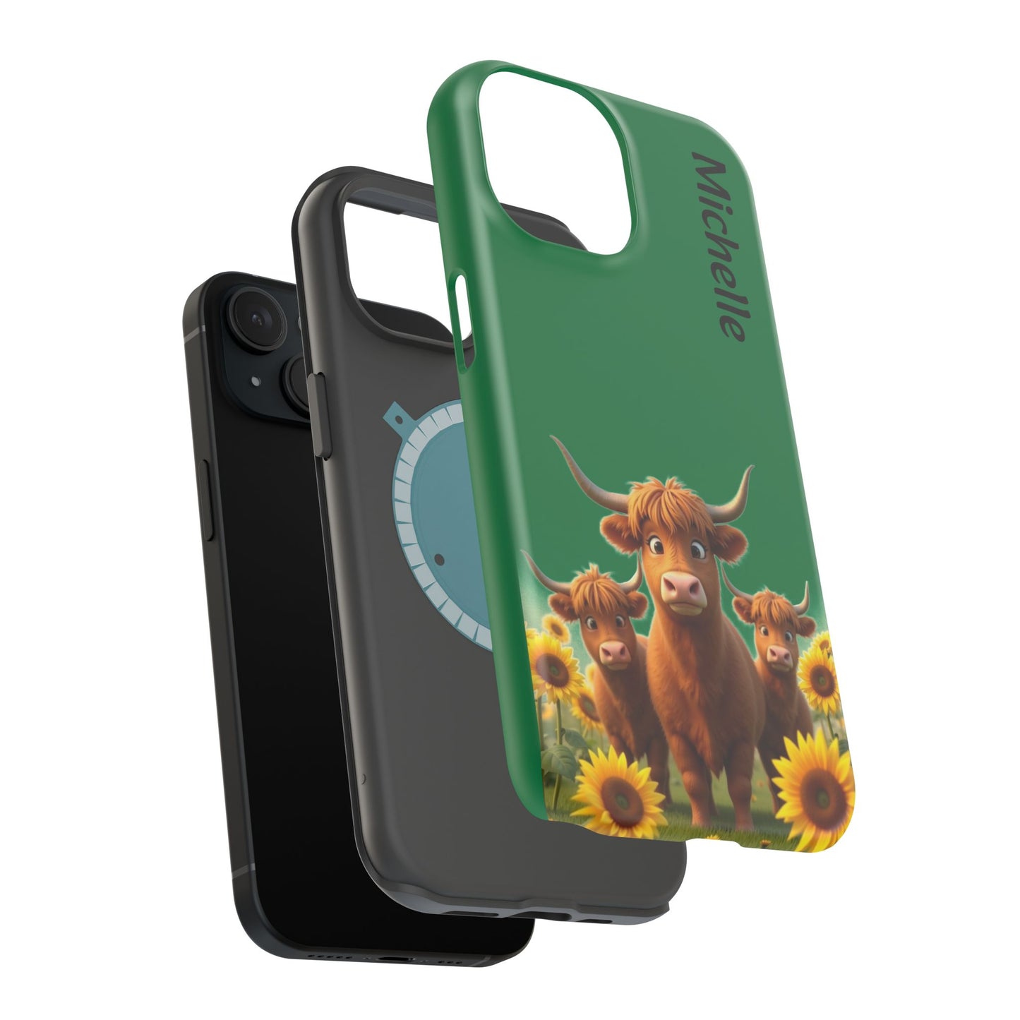 Personalized Highland Cow Phone Case - Custom Name Farm Animal Gift | Cute Green iPhone Cases for Women & Girls