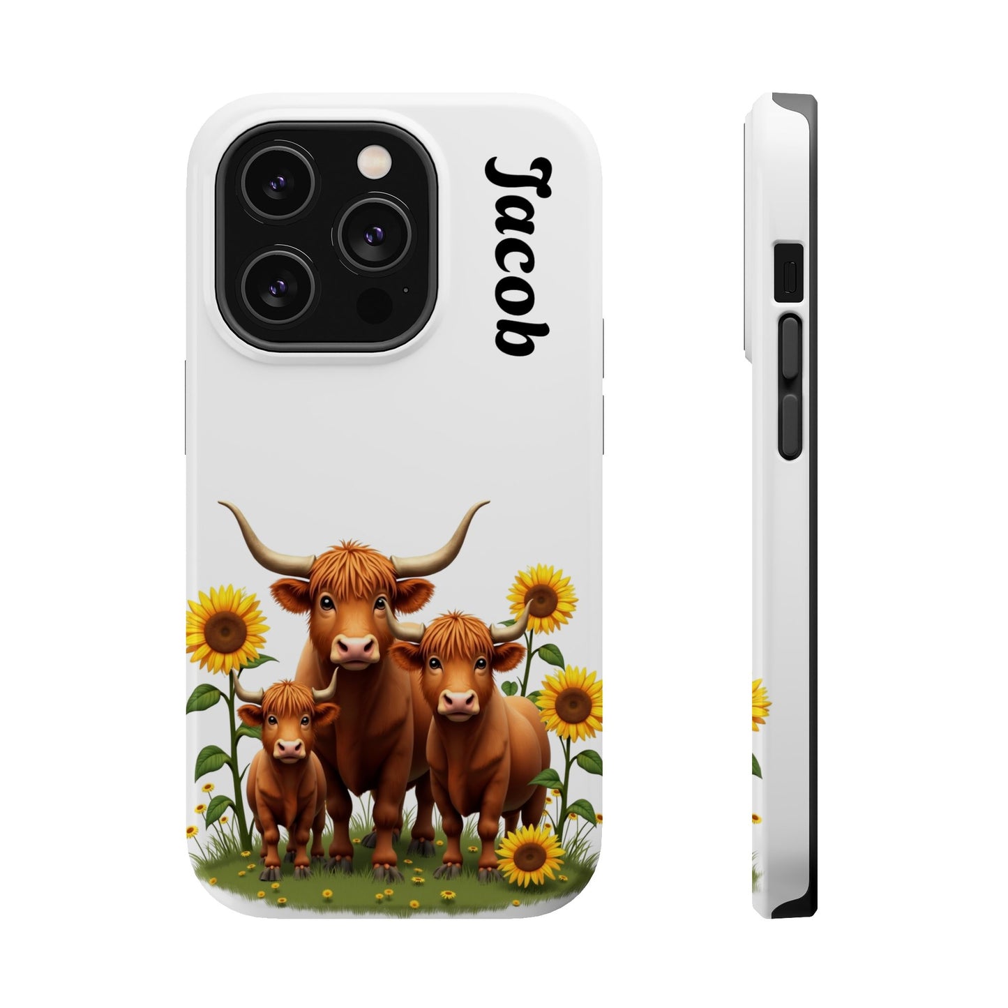 Personalized White Highland Cow Phone Case - Custom Name Farm Animal Gift | Cute Sunflower Cases for Women & Girls
