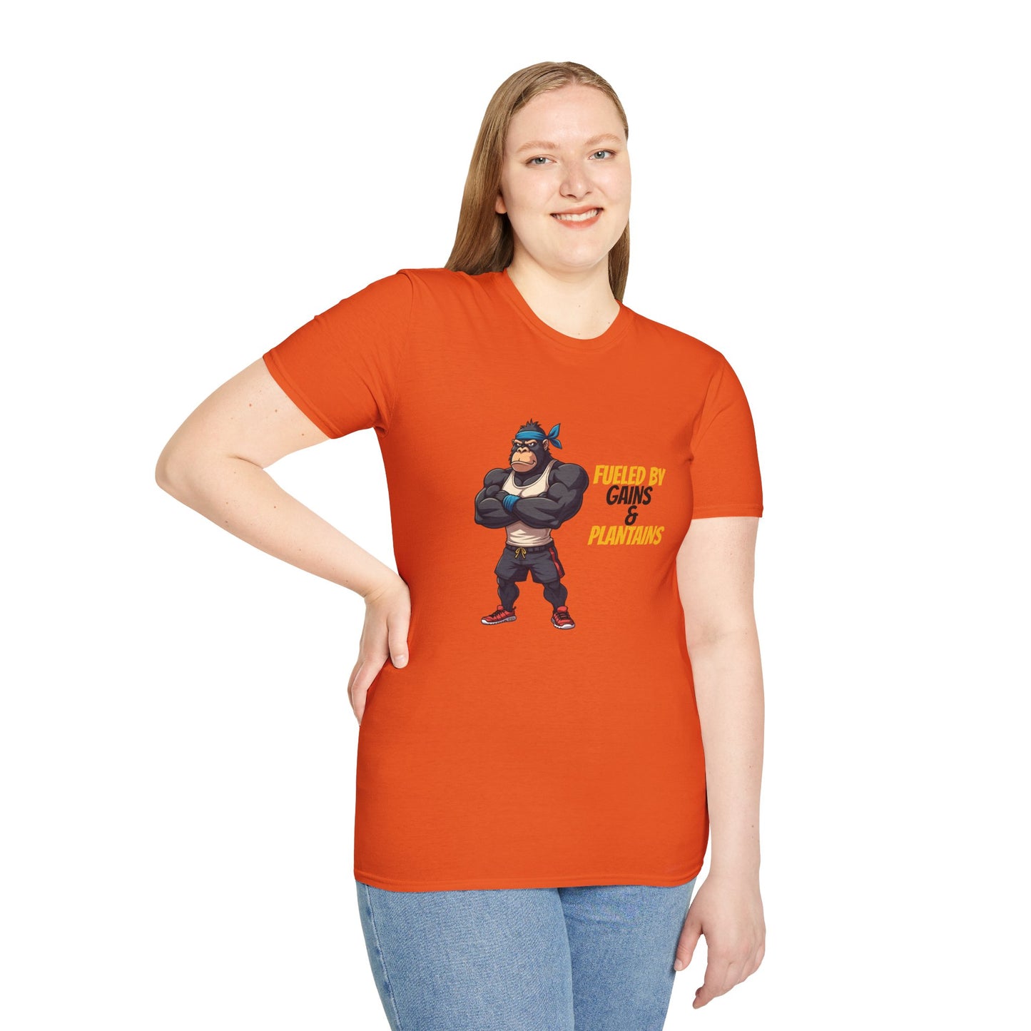 Fueled by Gains & Plantains β Funny Gym Gorilla T-Shirt