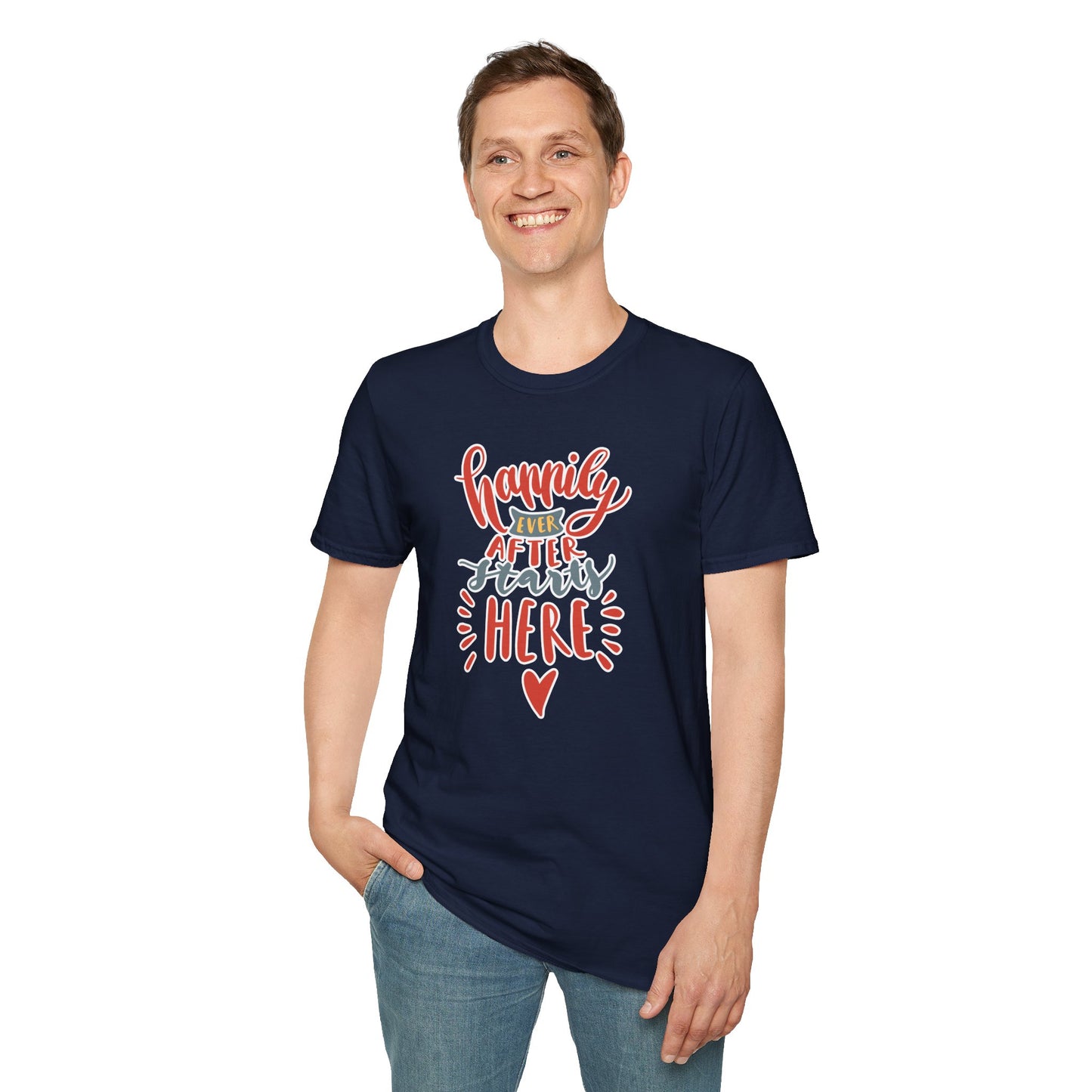 "Happily Ever After Starts Here" Inspirational & Wholesome T-Shirt – Cute Motivational Graphic Tee for Dreamers, Romantics & New Beginnings