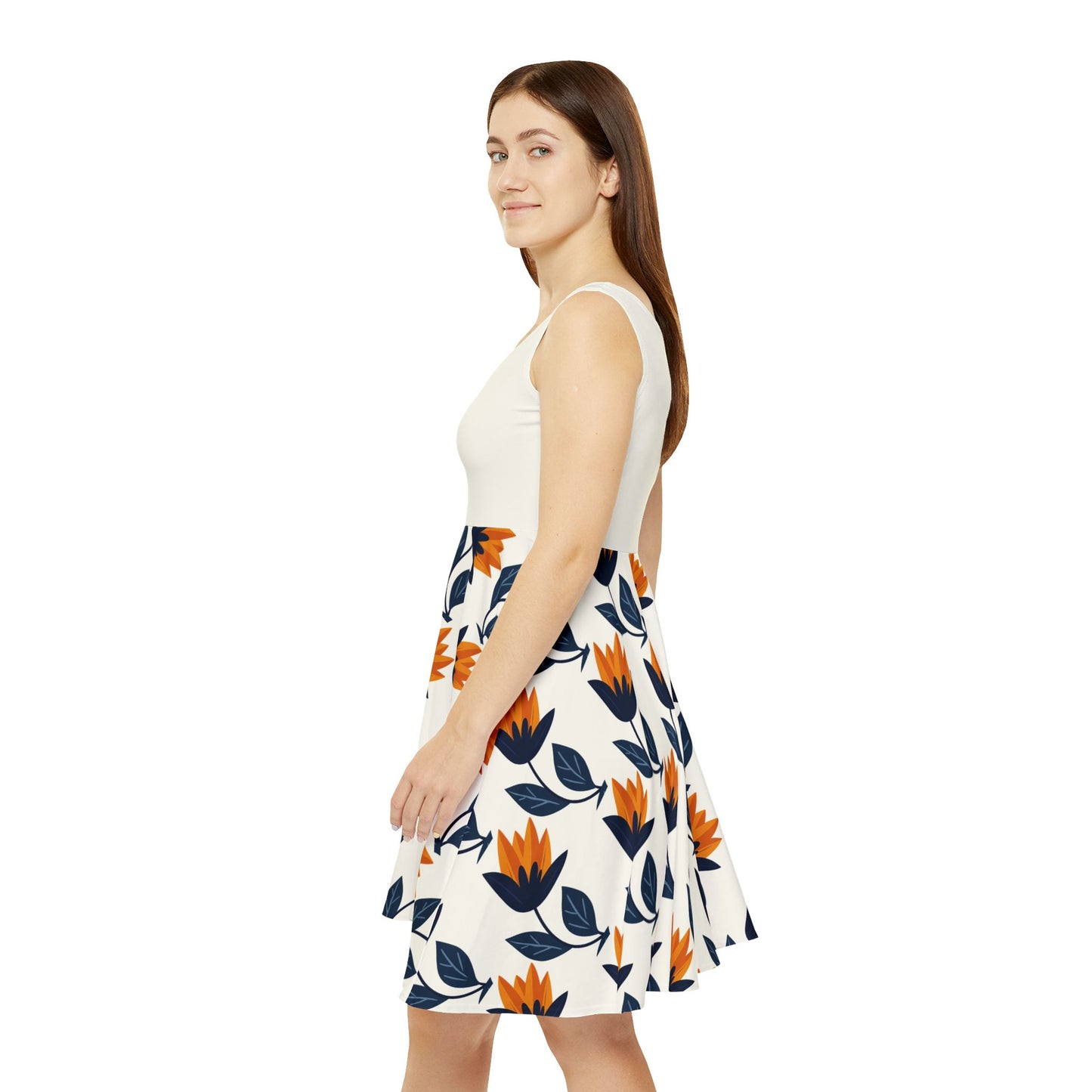 Golden Tulips Skater Dress - Elegant Florals in Navy & Amber
