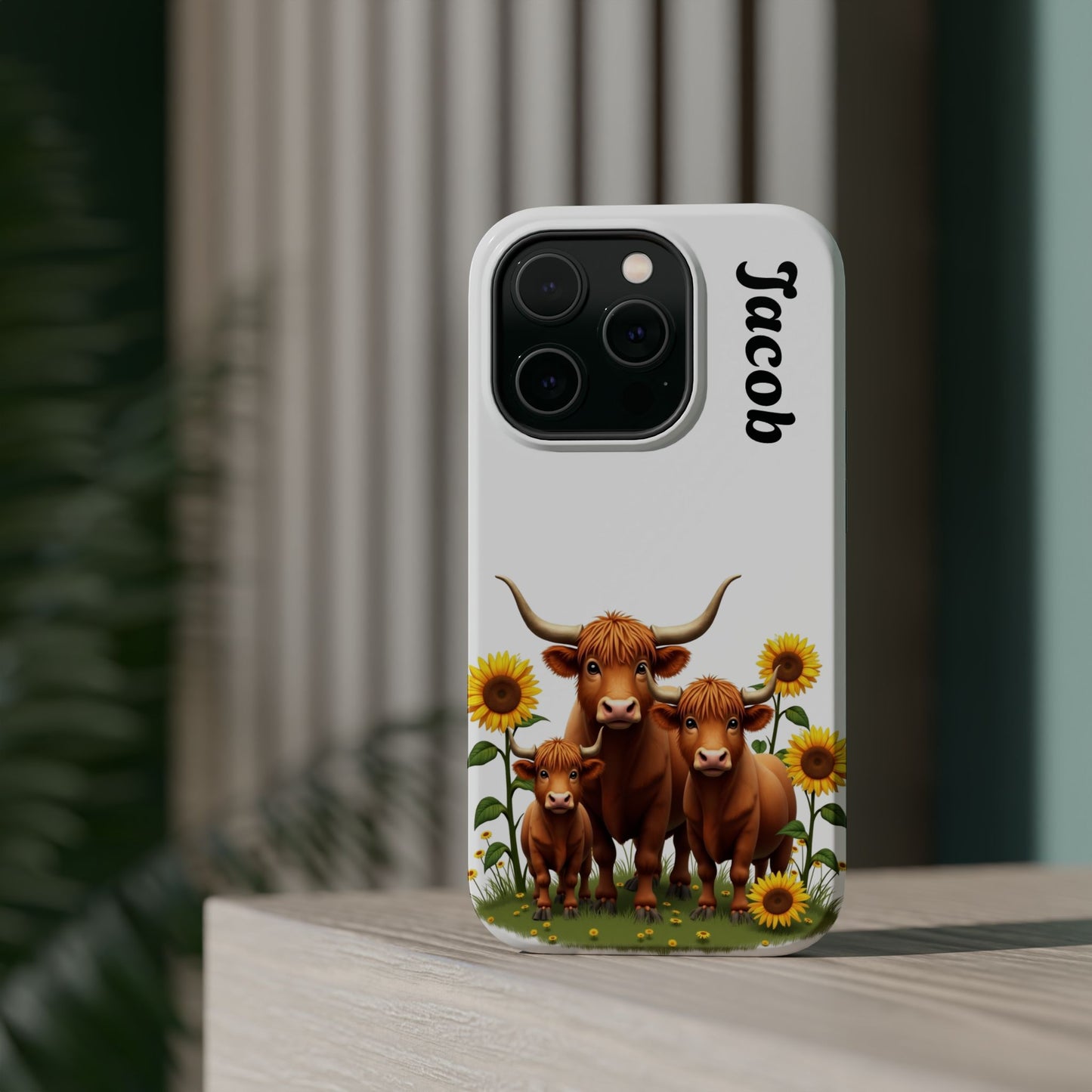 Personalized White Highland Cow Phone Case - Custom Name Farm Animal Gift | Cute Sunflower Cases for Women & Girls