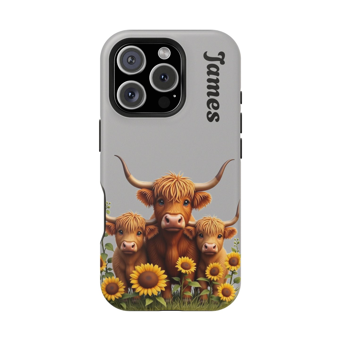 Personalized Gray Highland Cow Phone Case - Custom Name Farm Animal Gift | Cute Gray iPhone Cases for Women & Girls