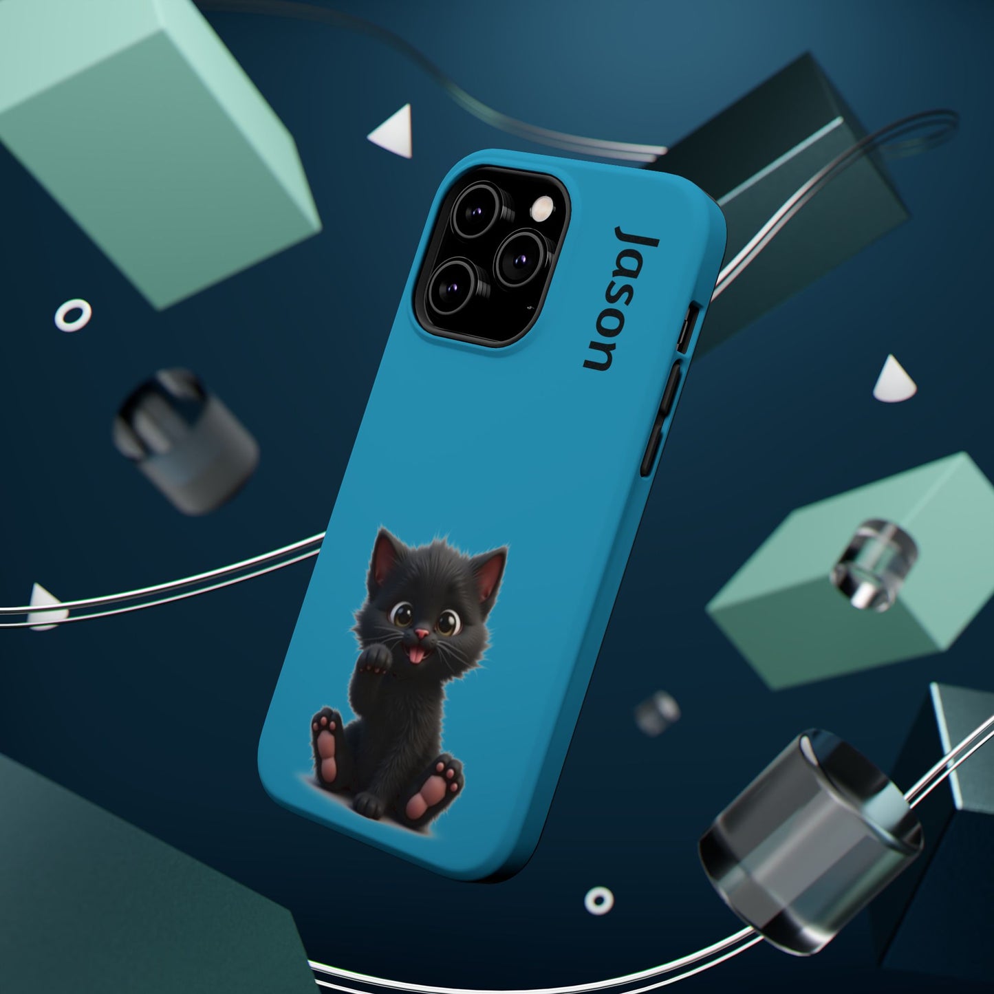 Personalized Black Kitten Phone Case - Custom Name Cat Lover Gift | Cute Teal Blue iPhone Cases for Women & Girls