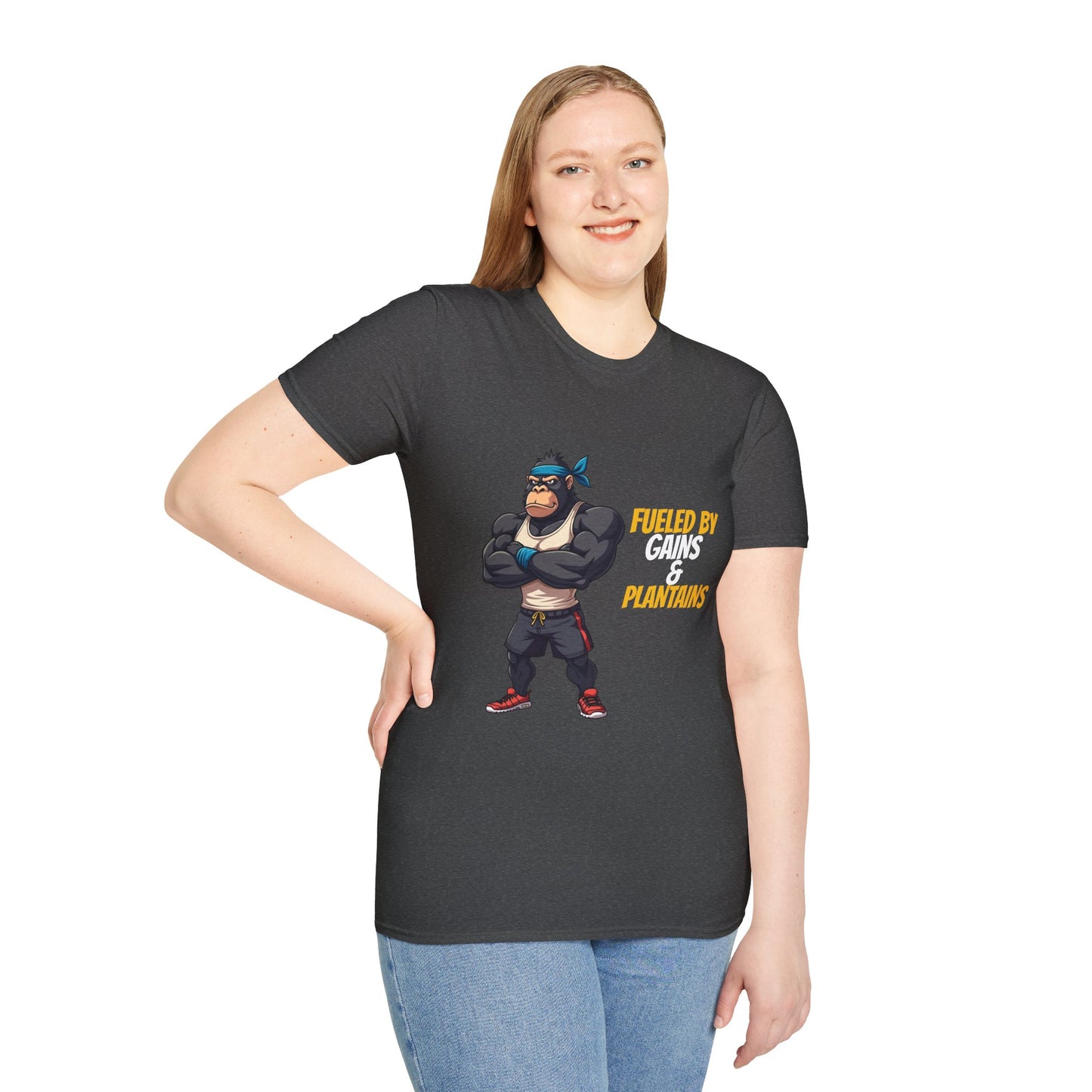 Fueled by Gains & Plantains β Funny Gym Gorilla T-Shirt