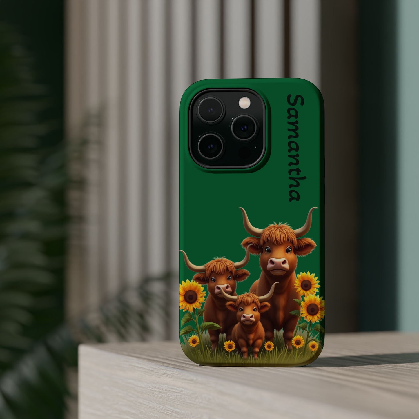 Personalized Highland Cow Phone Case - Custom Name Farm Animal Gift | Cute Green iPhone Cases for Women & Girls