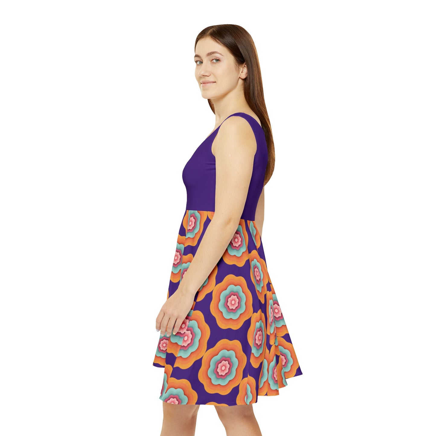 Vivid Blossom Skater Dress - Vibrant Florals on Royal Purple