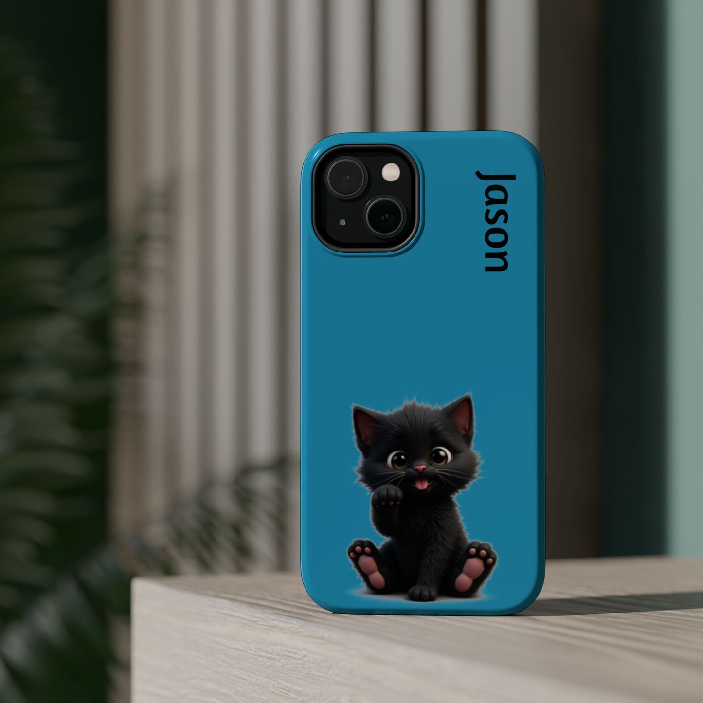 Personalized Black Kitten Phone Case - Custom Name Cat Lover Gift | Cute Teal Blue iPhone Cases for Women & Girls