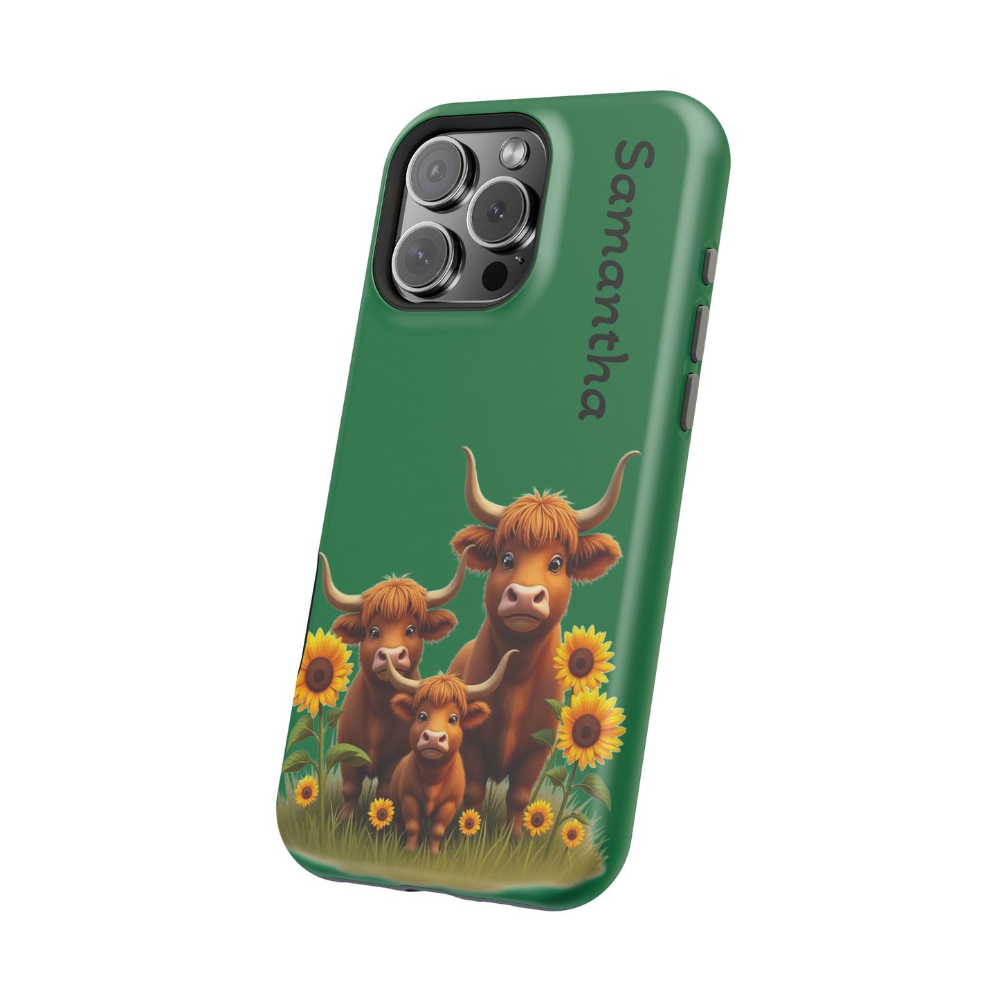 Personalized Highland Cow Phone Case - Custom Name Farm Animal Gift | Cute Green iPhone Cases for Women & Girls