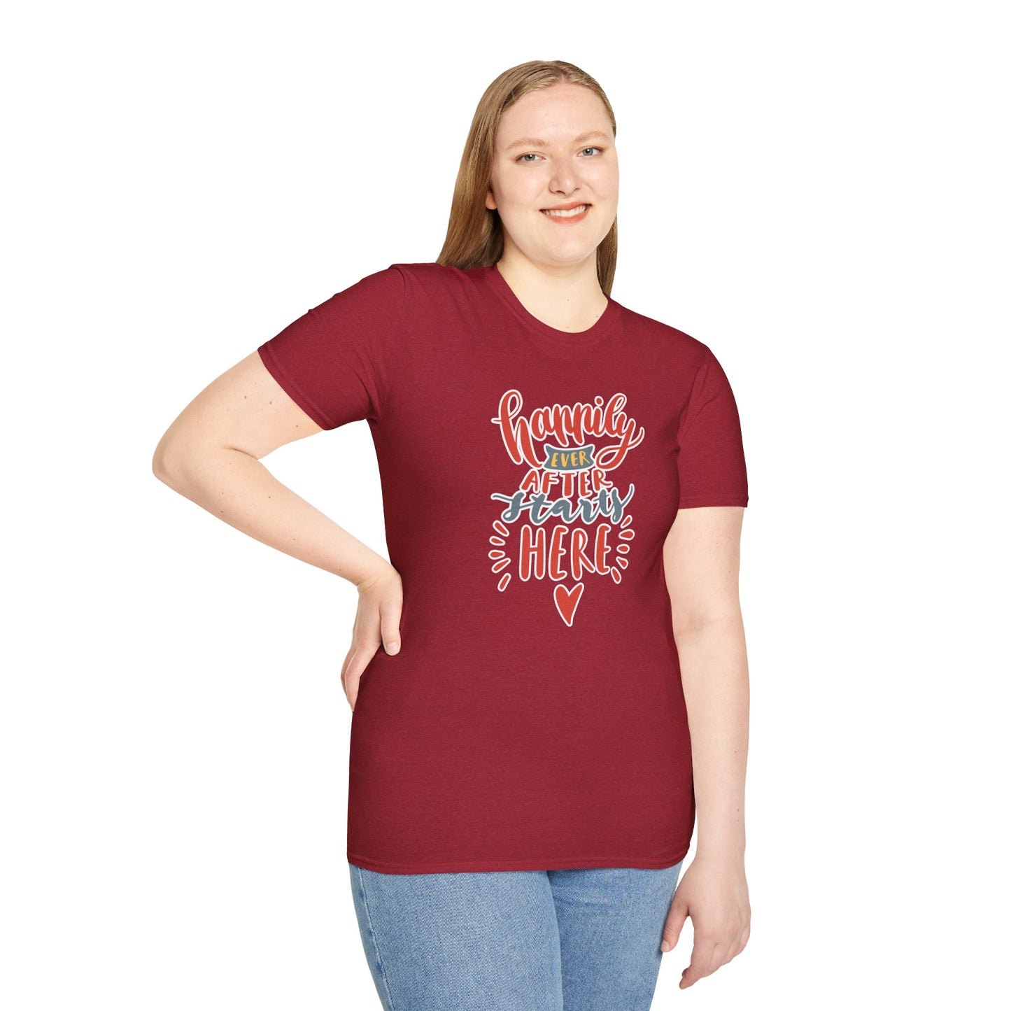 "Happily Ever After Starts Here" Inspirational & Wholesome T-Shirt – Cute Motivational Graphic Tee for Dreamers, Romantics & New Beginnings