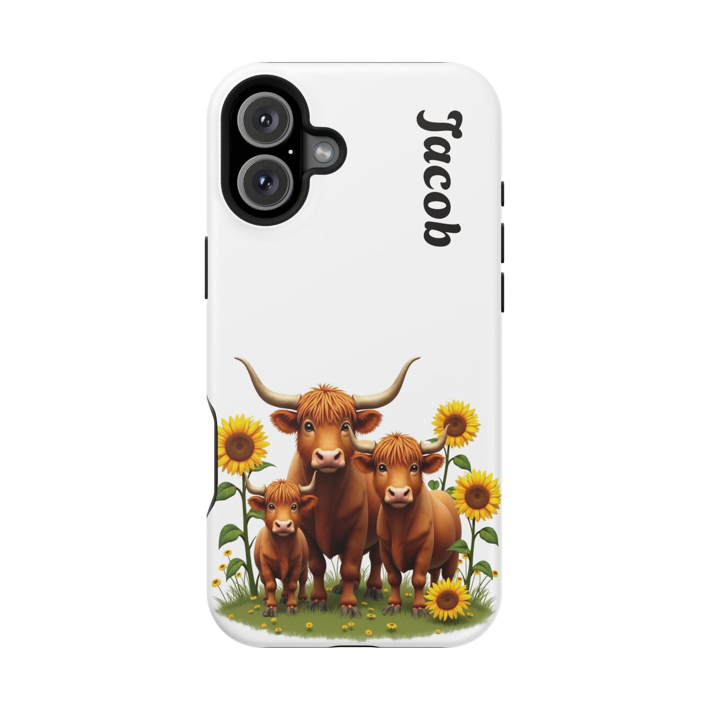 Personalized White Highland Cow Phone Case - Custom Name Farm Animal Gift | Cute Sunflower Cases for Women & Girls