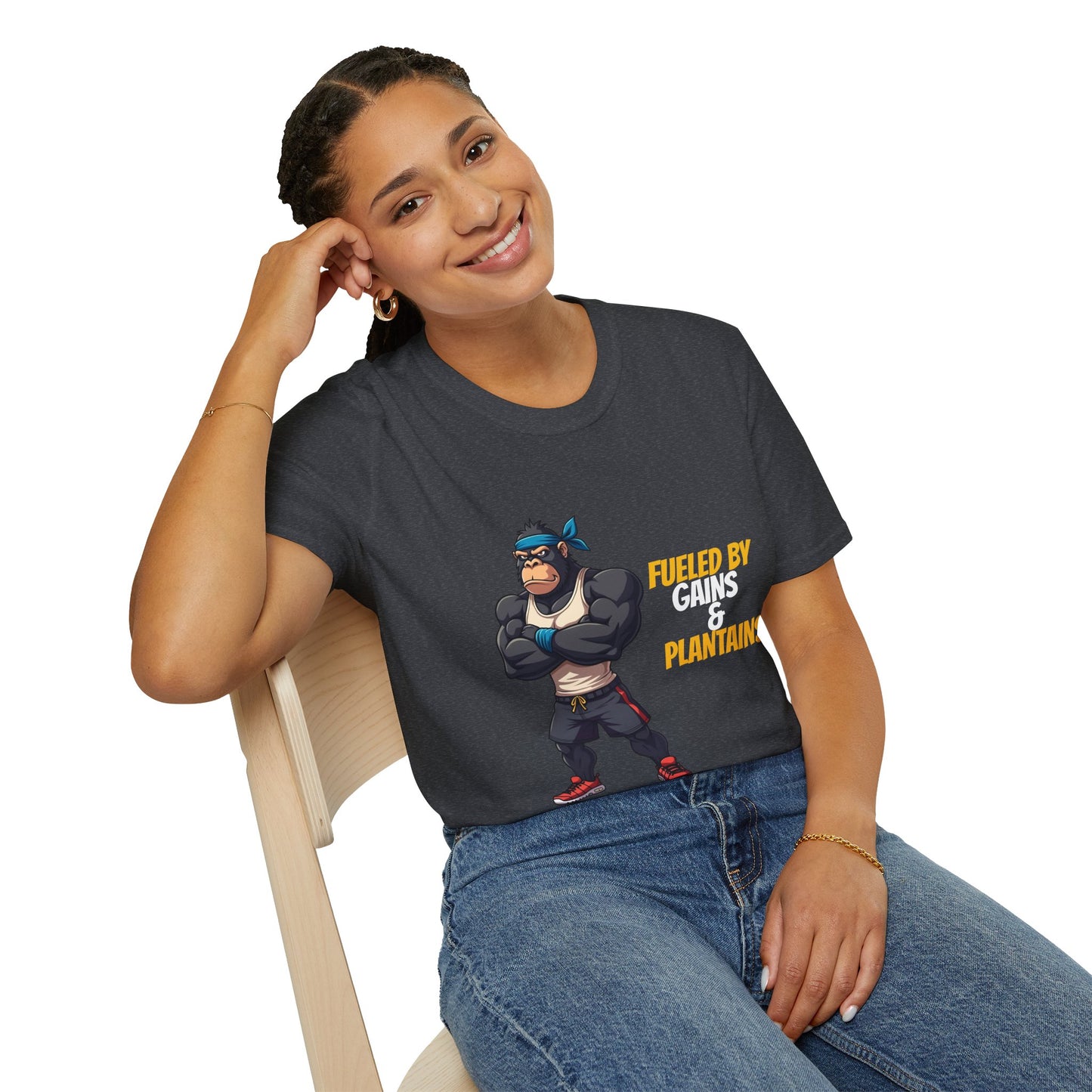 Fueled by Gains & Plantains β Funny Gym Gorilla T-Shirt