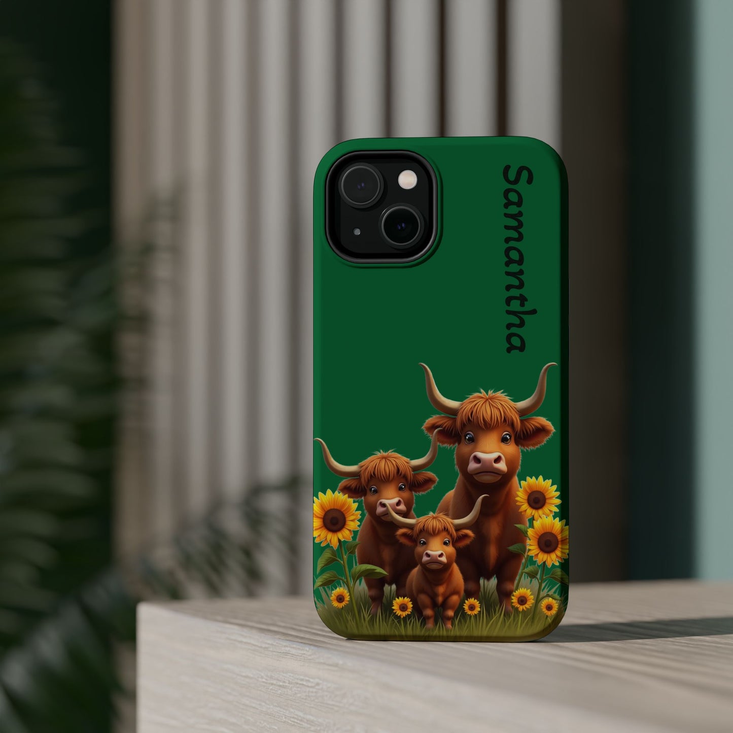 Personalized Highland Cow Phone Case - Custom Name Farm Animal Gift | Cute Green iPhone Cases for Women & Girls