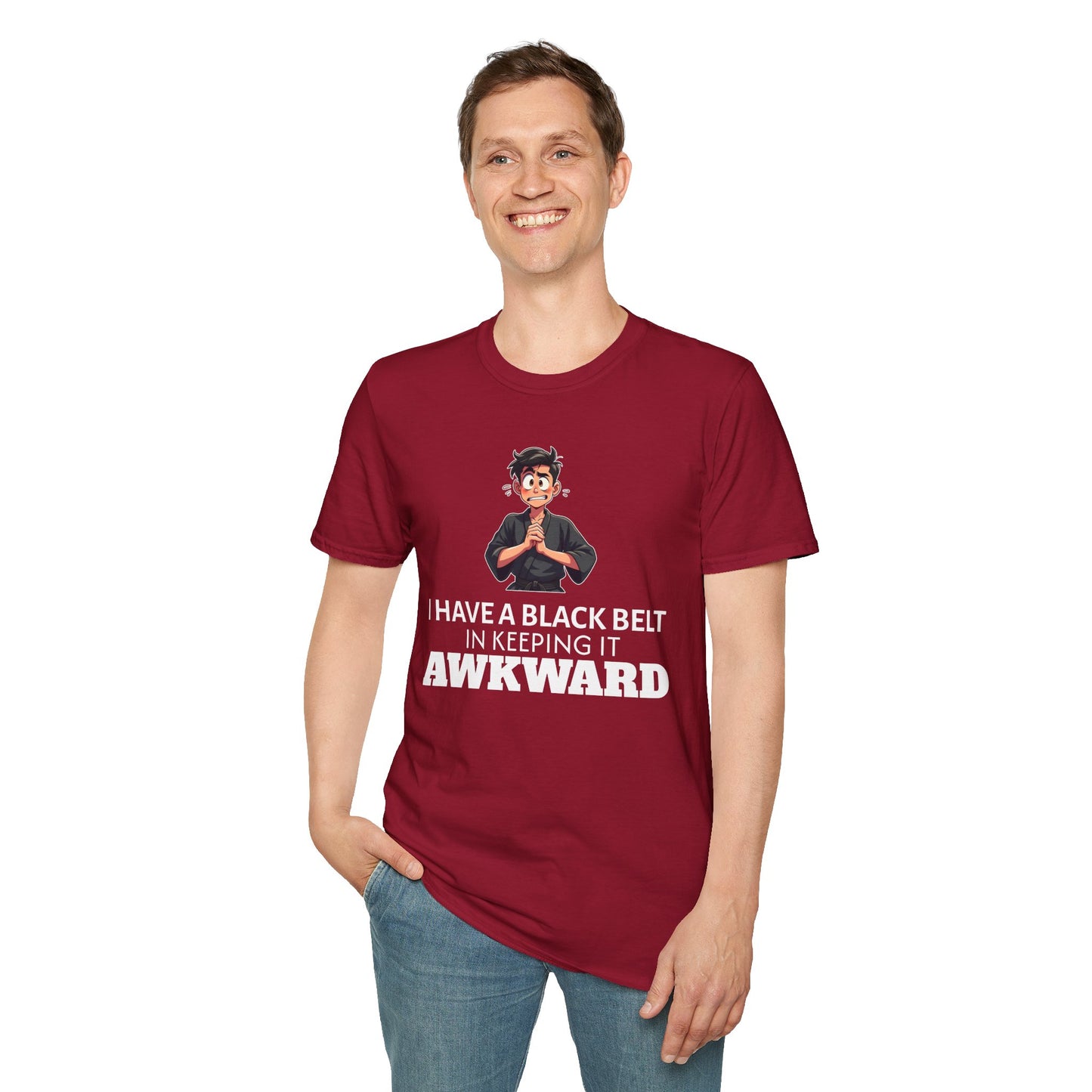 Funny Black Belt in Keeping It Awkward T-Shirt β Sarcastic Karate Kid Cartoon Tee, Ironic Humor Gift for Socially Clumsy & Relatable Souls